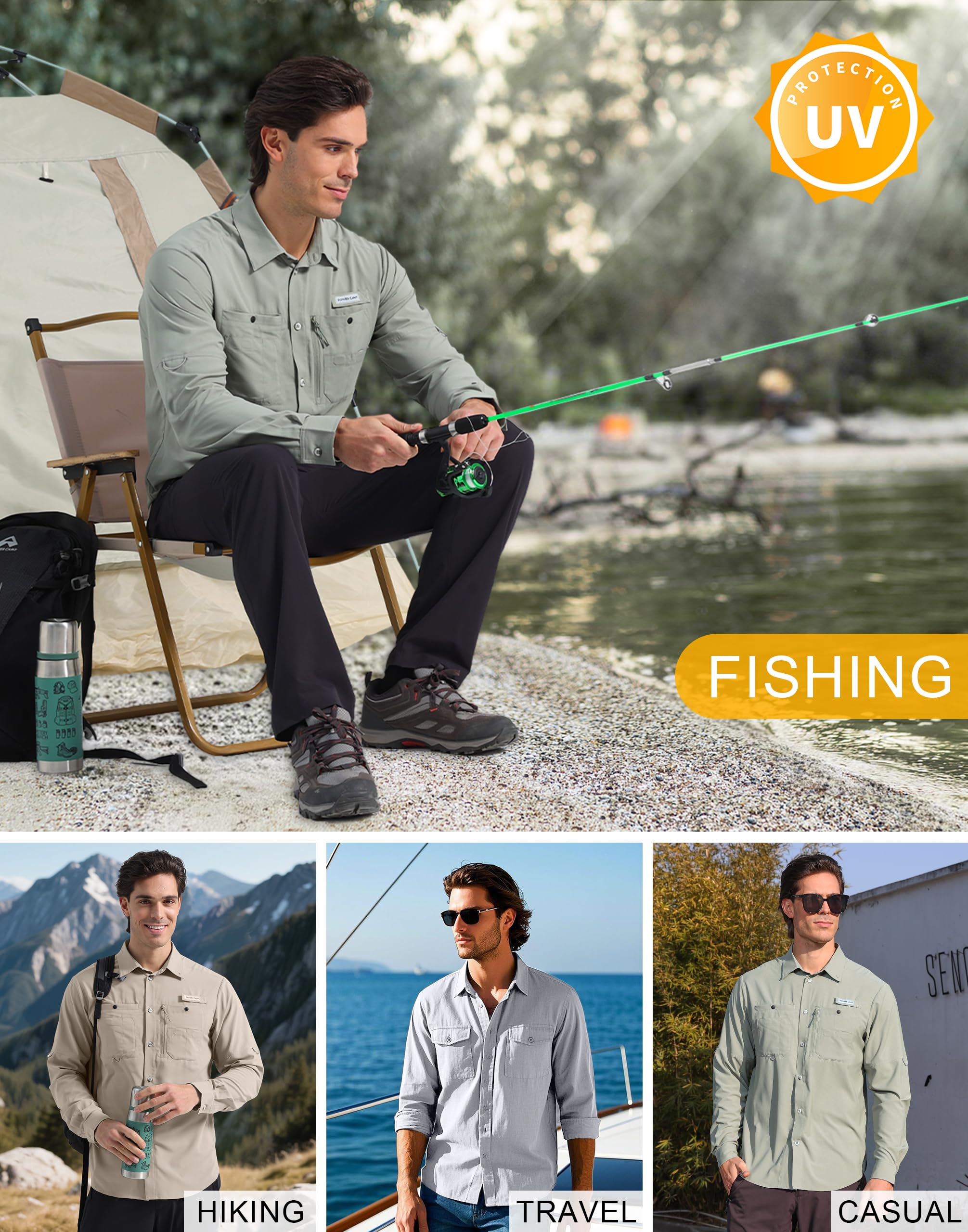 Pioneer Camp Camicie da pesca da uomo a maniche lunghe UPF50+ protezione solare UV Button Down camicie ad asciugatura rapida raffreddamento per escursioni safari