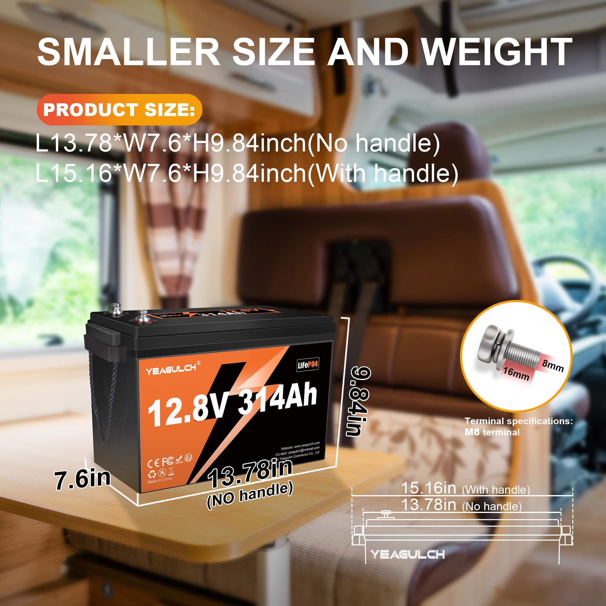 YEAGULCH LiFePO4 Lithium Batterie 12V 300Ah(314Ah) 200A BMS 15000 Zyklen