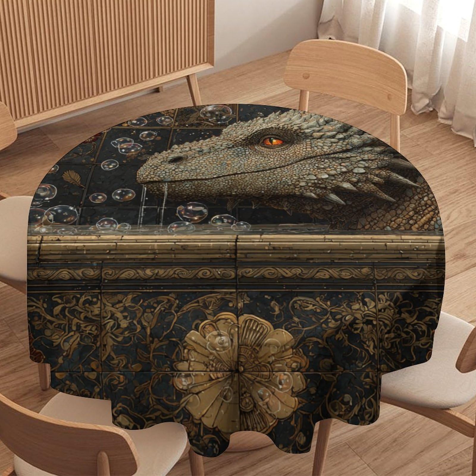 LUYYSKY Rustic Abstract Cool Dragons Round Tablecloth Vintage Weatern Bathroom Art Fantasy Animal Dragons Flowers Washable Decor for Table Cover for Kitchen-127 Wx127 L cm