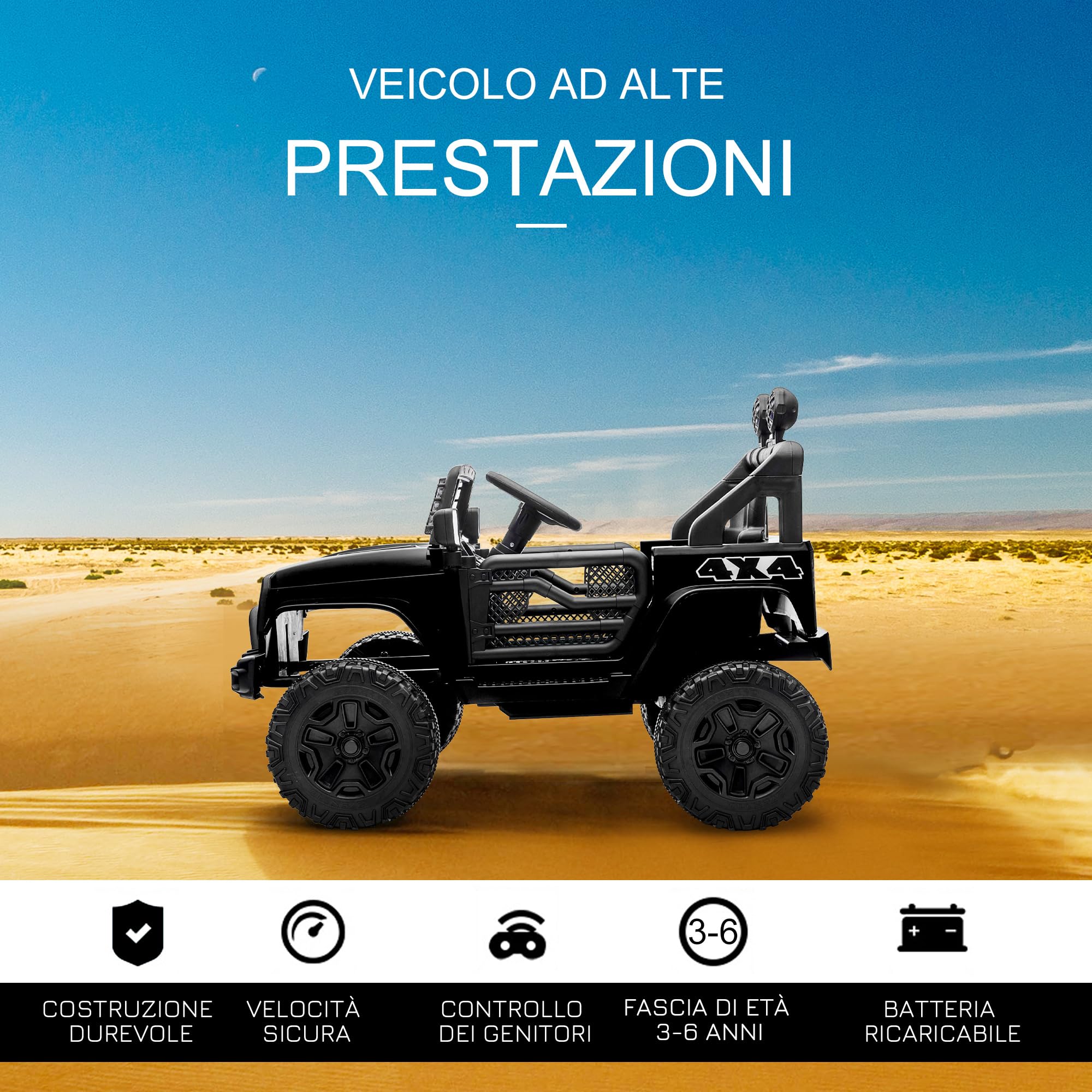 HOMCOM Macchina Elettrica per Bambini 3-6 Anni da 12V con Telecomando e Guida Manuale, Doppio Motore, Fari e Clacson, 100x64.2x71 cm, Nero