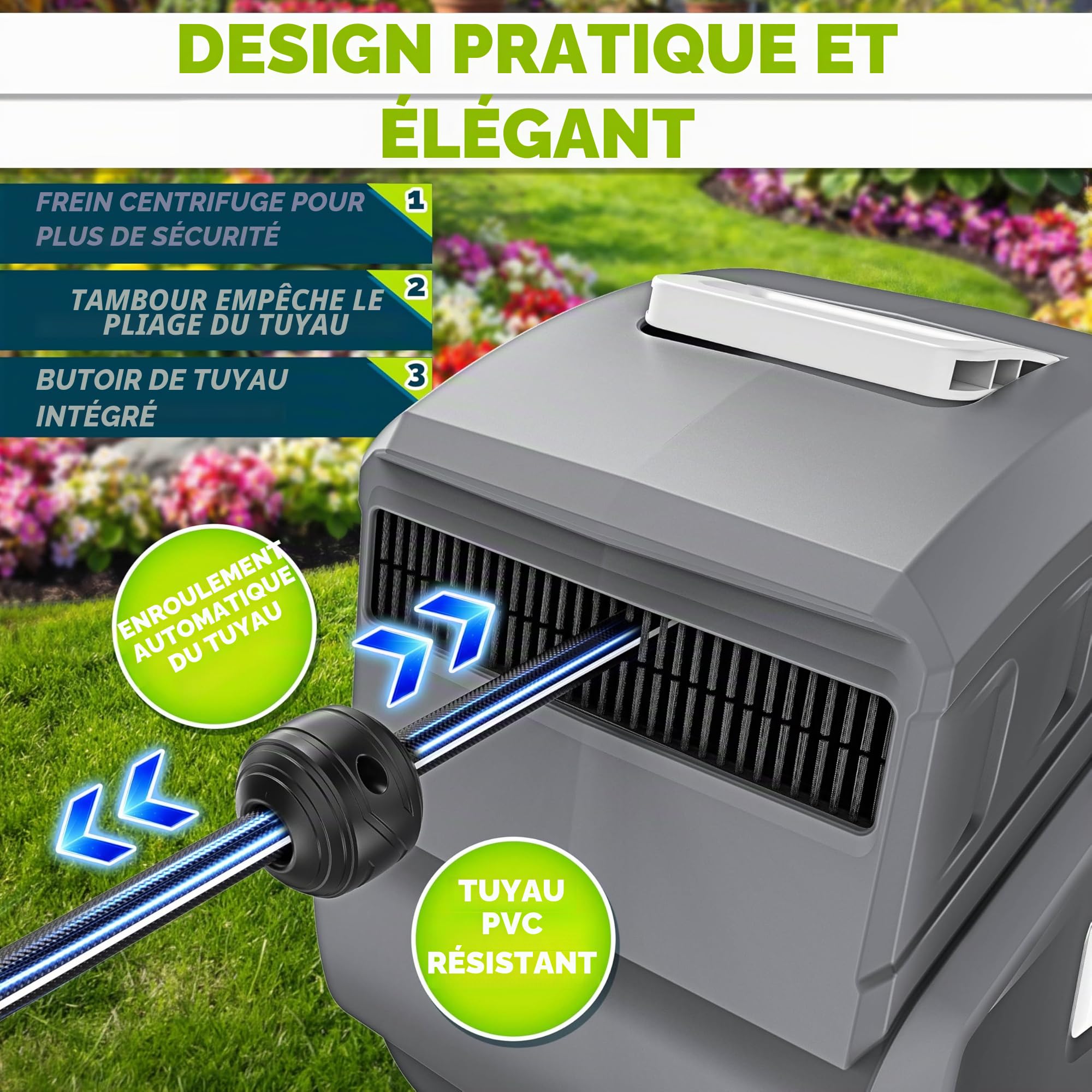 tillvex Enrouleur de Tuyau d'arrosage pour Jardin 30+2m avec support mural + poignée | Dévidoir pour tuyau avec pistolet à eau et tuyau d'arrosage | Pivotant à 180° (Gris)