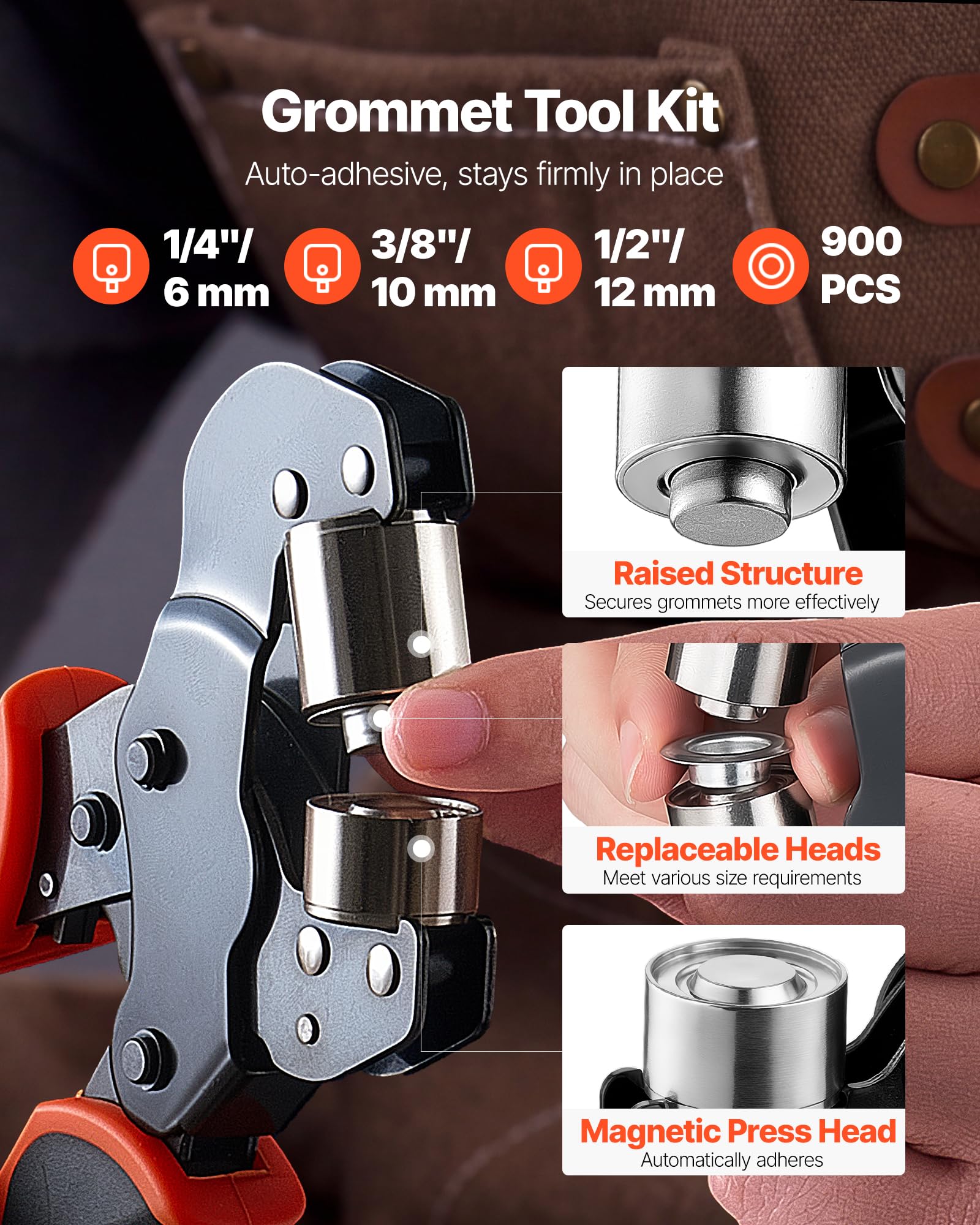 VEVOR Kit di Attrezzi per Occhielli da 6/10/12 mm 900 Pezzi con Rondelle | Pressa Occhiellatrice Manuale Punzoni Blocchi, per Pelle Cuoio Teloni Scarpe Artigianato Tessuto Lavori Fai Da Te Domestici