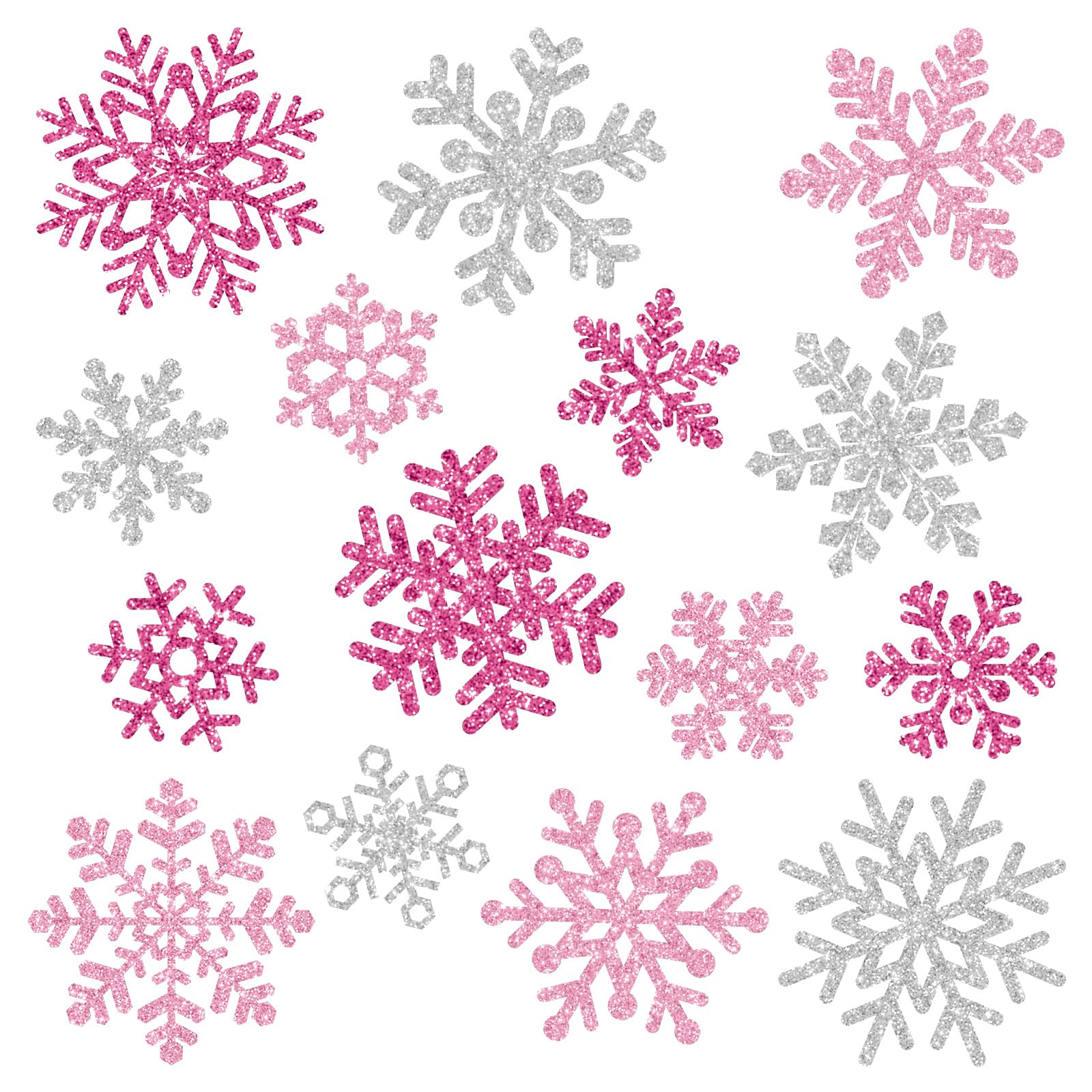 JarThenaAMCS 45Pcs Snowflake Cut-Outs Glitter Pink Silver Snowflake Cutouts Double-Sided Holiday Cut-Outs with 100 Pcs Glue Point for Winter Christmas
