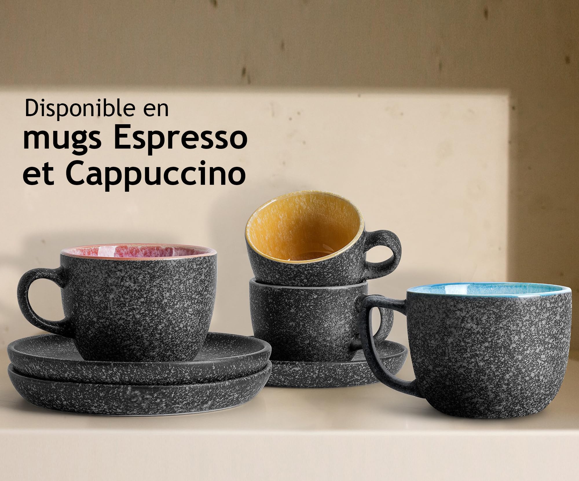 MIAMIO - Tasses à cappuccino empilables en céramique de 190 ml avec soucoupes et support en métal - Ensemble de 6, spéciaux Americano Latte Café Mocha et thé - Collection Las Palmitas