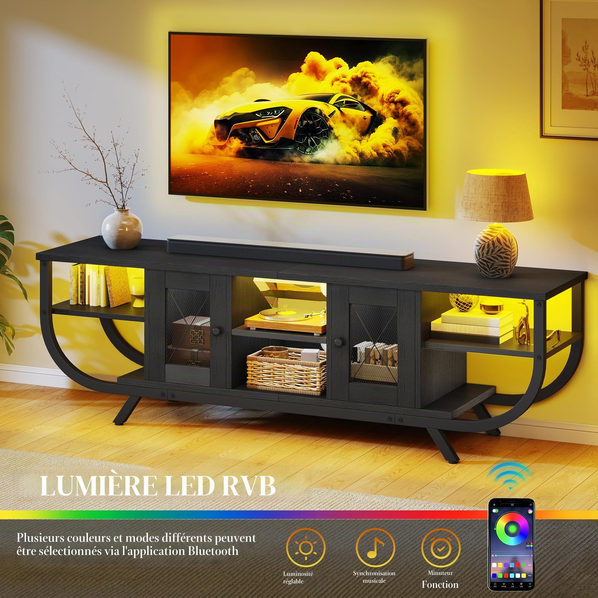 YITAHOME Meuble TV Industriel, Meuble Télé pour Téléviseur Jusqu’à 65 Pouces avec Rangement Spacieux, Éclairage LED RGB, Cadre en Métal, Meuble Tele Salon, Chambre (Noir, 140CM)