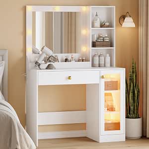 Makeup Vanity Desk With LED Mirror & Lights, RGB Cabinet, Charging Station - White