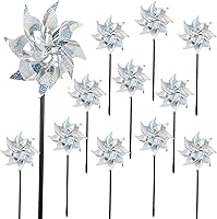 winemana 12 Pack Silver Reflective Pinwheels - Bird Repellent Wind Spinners for Garden Yard Patio Lawn Decor