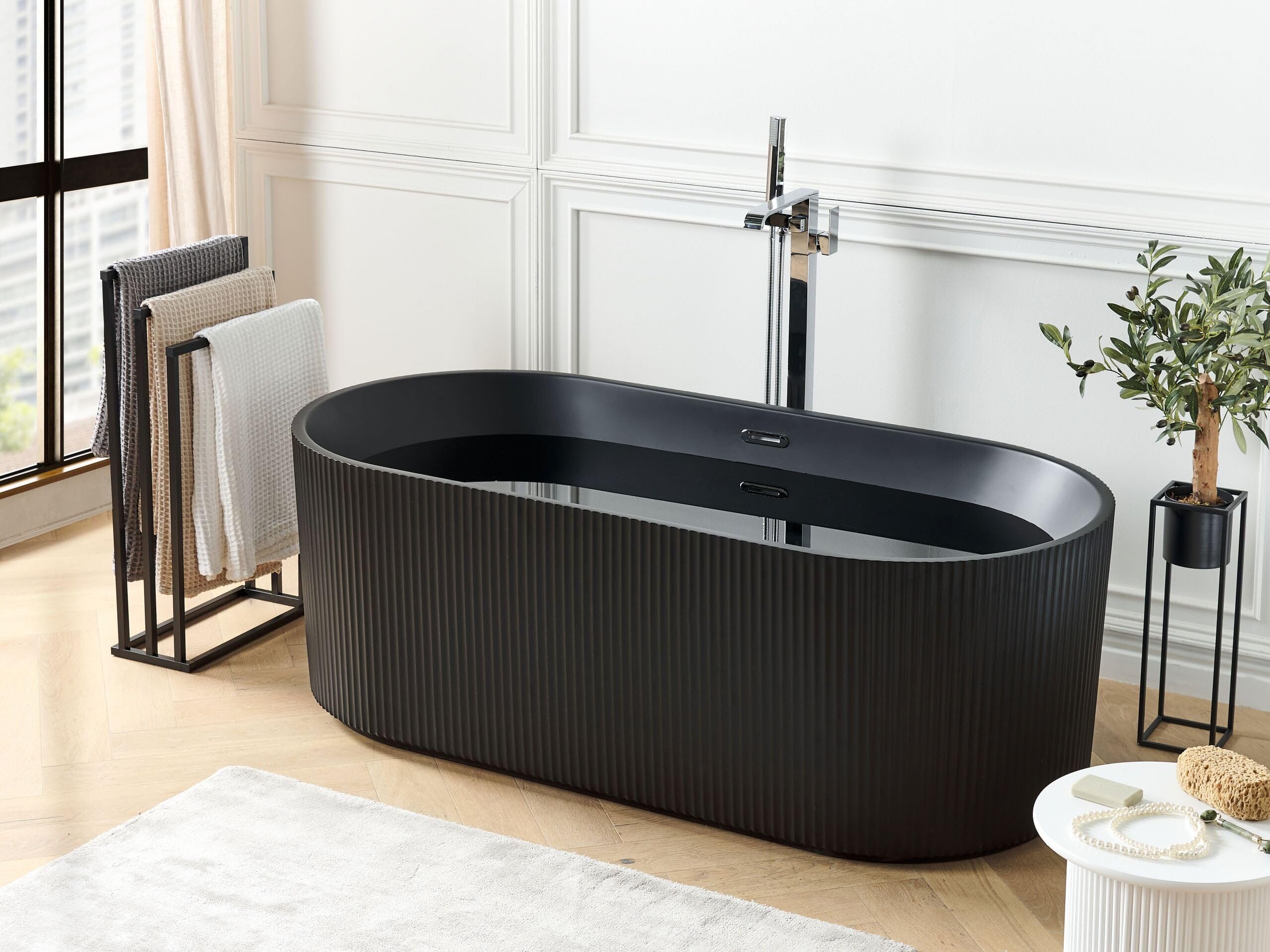 Vasca moderna freestanding ovale 170 x 80 cm Acrilico finitura scanalata Bagno Nero opaco