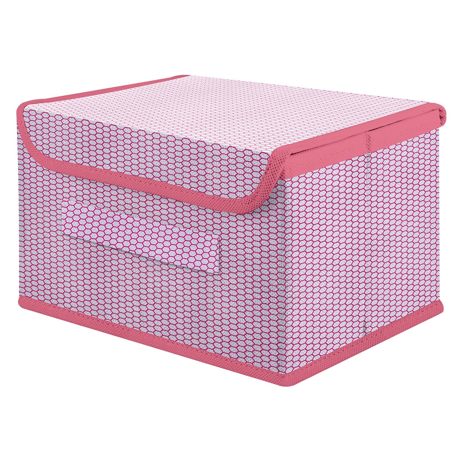 Kuber Industries Drawer Storage Box | Zig Zag Storage Box With Lid | Non-Woven Clothes Organizer For Toys | Storage Box with Handle | Medium | Pink