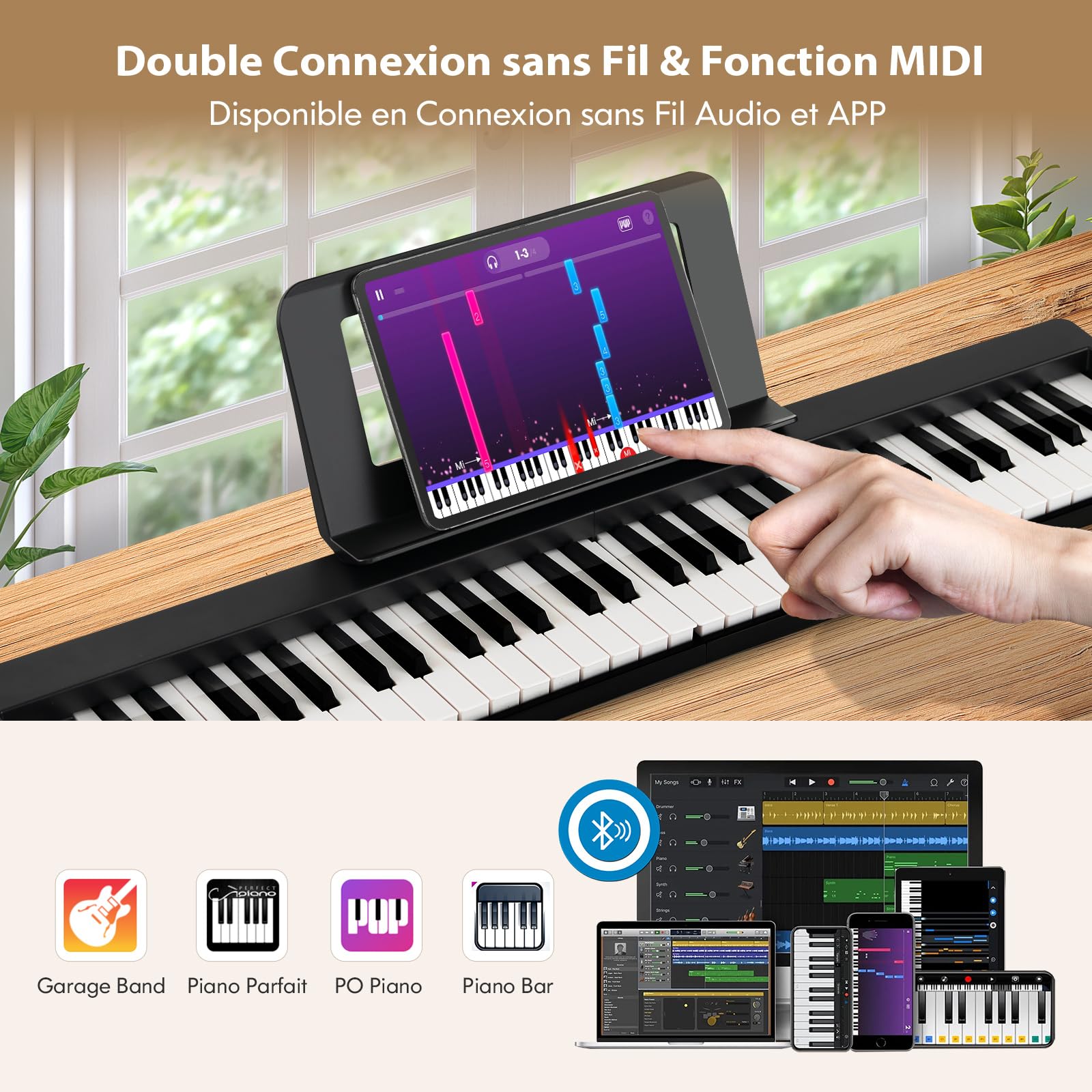 COSTWAY Piano Numérique 61 Touches Pliable avec 128 Sons & 128 Rythmes, Clavier Électronique Portable avec Fonction Bluetooth, Haut-Parleurs & Pédale de Sustain pour Enfants ou Débutants