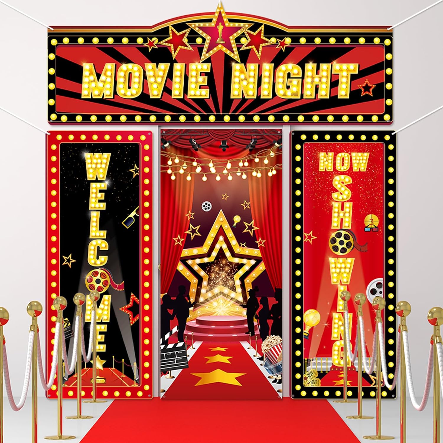 4Pcs Movie Night Door Decorations Movie Theme Party Door Cover Backdrop Welcome Now Showing Porch Banner Hanging Signs Theater Photography Background for Home Film Red Carpet Event Party Decor