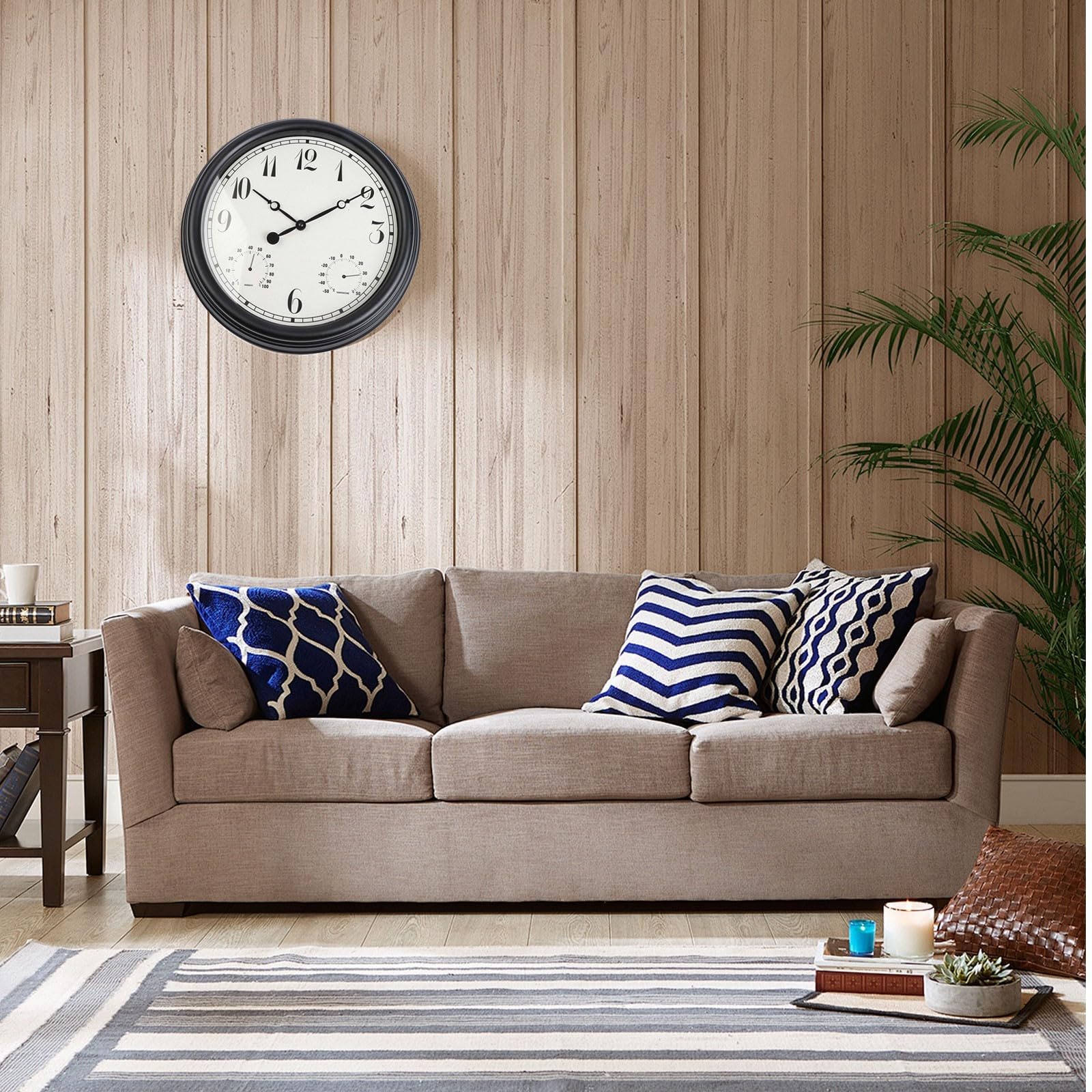 Orologio da parete silenzioso per esterni, con termometro e igrometro, 38 cm, grande, impermeabile, decorazione da giardino per patio, piscina, cortile, nero