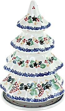 Blue Rose Polish Pottery - Red Holly Large Christmas Tree Luminary - 8" Tall - Hand-Painted Polish Pottery Holiday Candle Holder, Unique Christmas Gift & Festive Decor