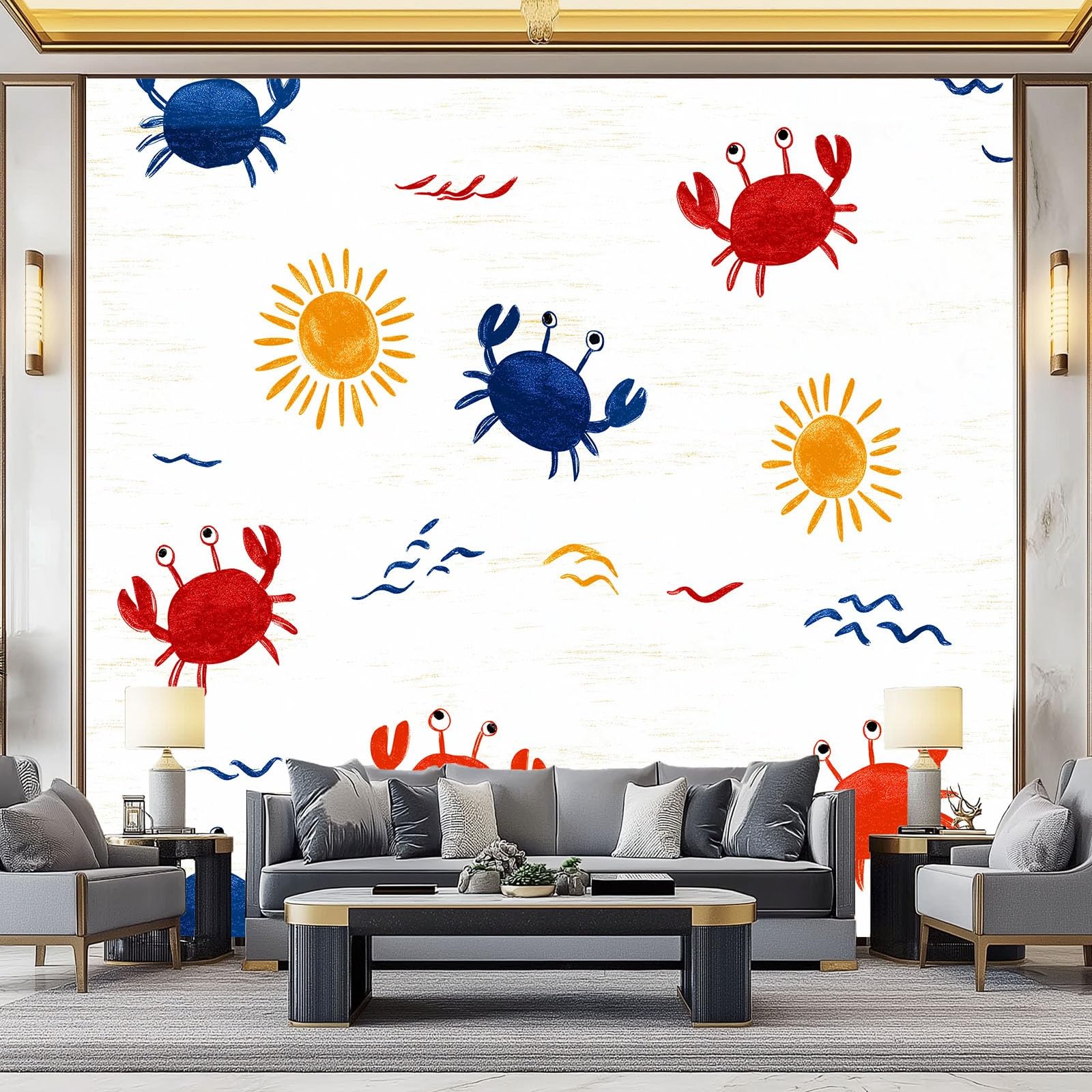 Générique Panoramiczna tapeta z kreskówki, krab, słodkie dziecko, 350 x 256 cm, dekoracja ścienna z włókniny, dekoracyjna dekoracja ścienna do salonu, łazienki, pokoju dziecięcego, biała