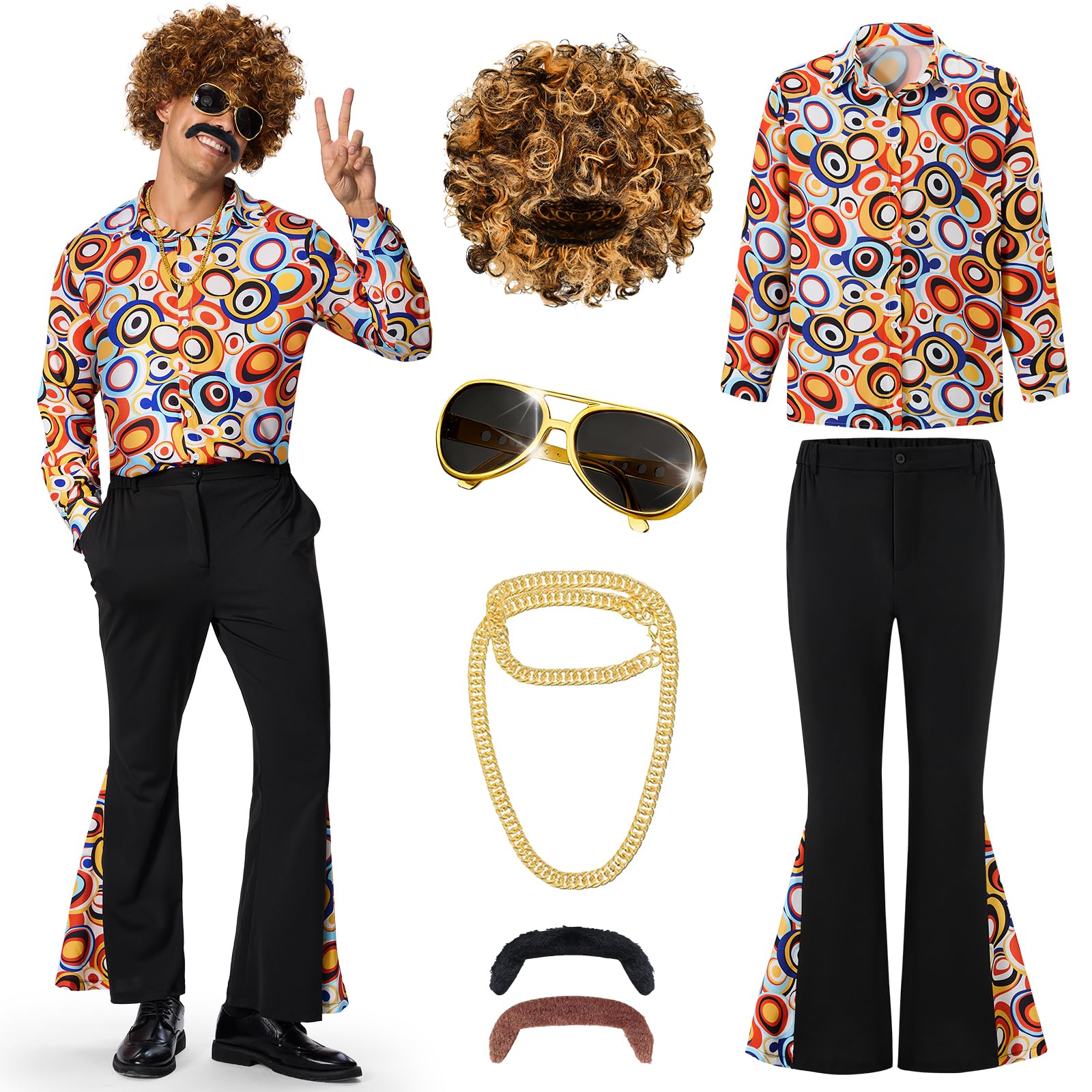 Ulikey Déguisement Année 70 Homme, Tenue Année 6070 Hommes Ensemble de Costume Rétro Hippie avec Perruque, Chemise, Pantalon à Pattes d'éléphant et Accessoires Disco pour Carnaval