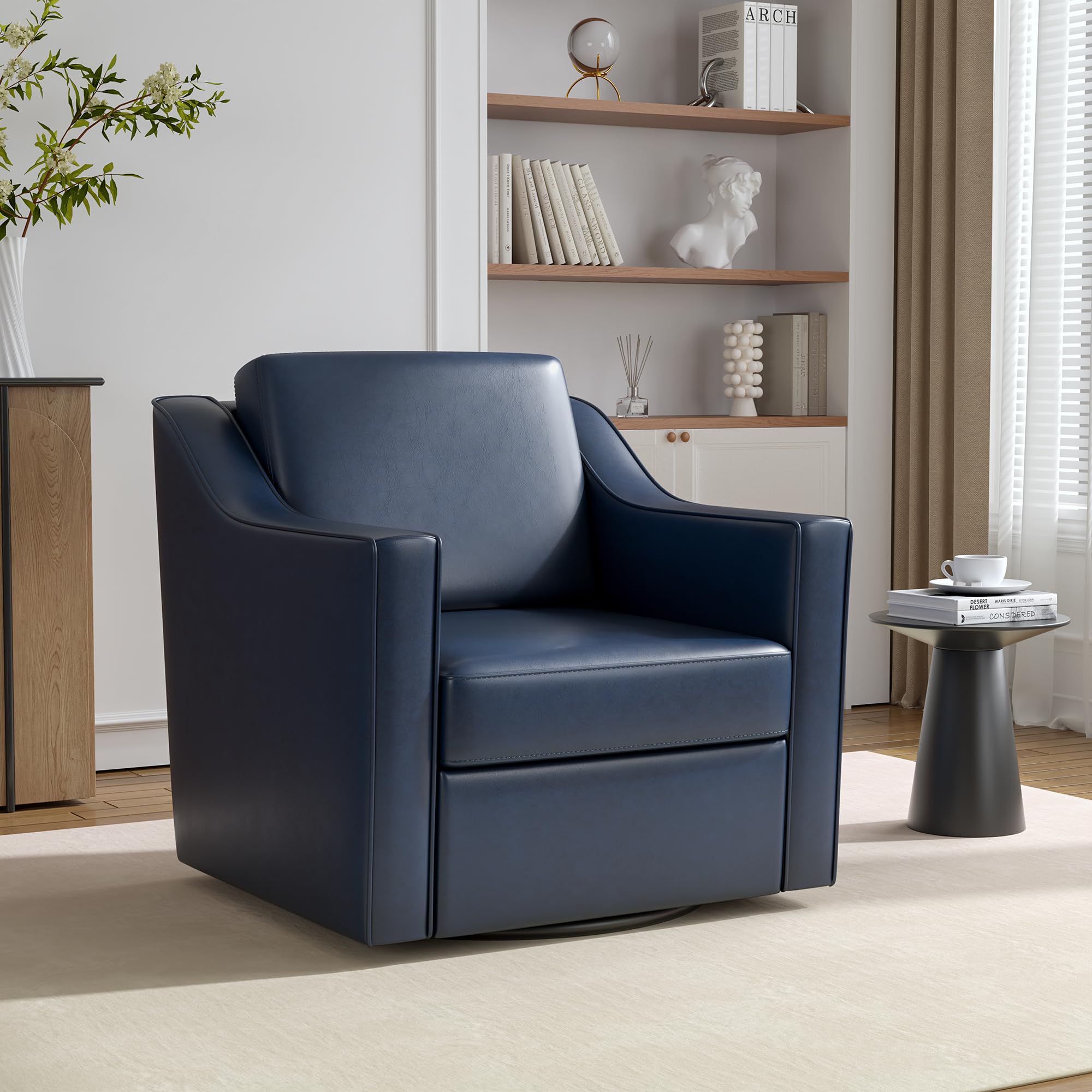 Faux Leather Swivel Accent Chair, 360° Swivel Upholstered Club Armchairs for Living Room, Comfy Single Sofa Reading Chair with Deep Seat, Metal Swivel Base, Navy