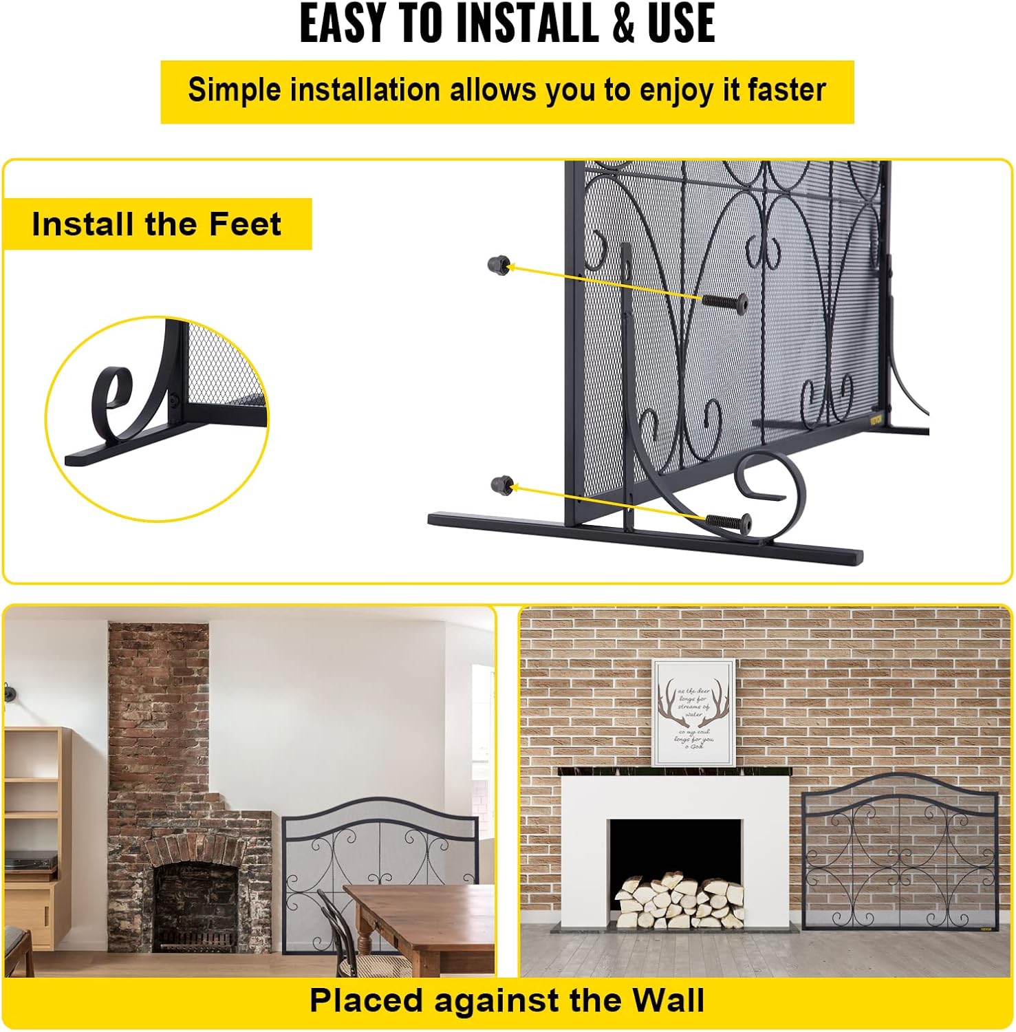 VEVOR Fireplace Screen, 38 x 26.5 Inch,Heavy Duty Iron Freestanding Spark Guard with Support, Metal Mesh Craft, Broom Tong Shovel Poker Included for Fireplace Decoration & Protection, Black