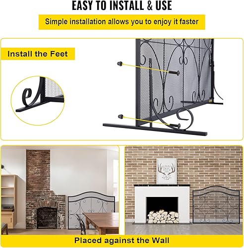 Miniatura 4 de VEVOR Pantalla para chimenea, 38 x 26.5 pulgadas, protector de chispas independiente de hierro resistente con soporte, artesanía de malla metálica,