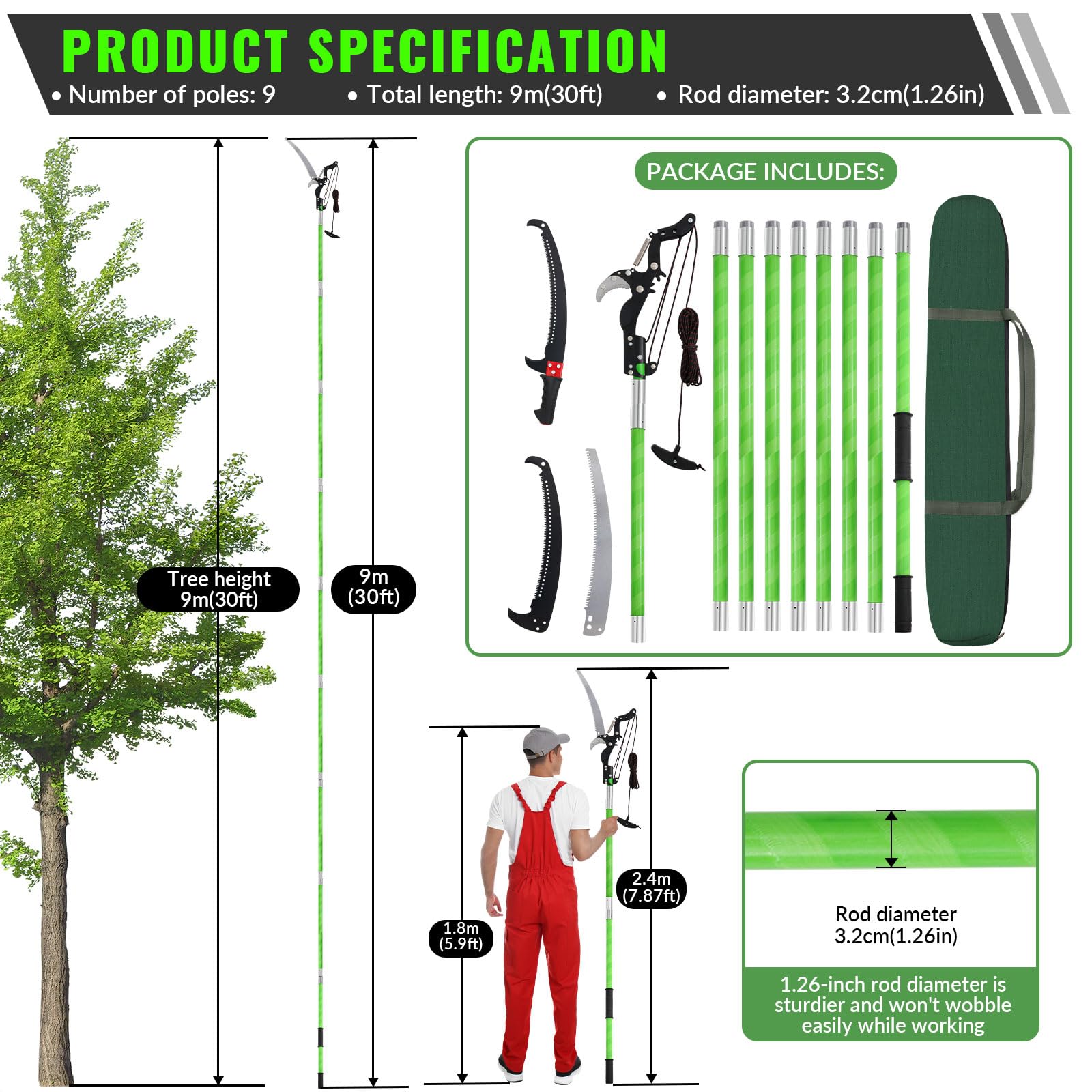 9M Sega Per Alberi Con Manico Telescopico,Cesoia Per Potatura Manuale,Regolabile in Altezza Attrezzi da Giardinaggio Altezza Per Segare e Cesoiare
