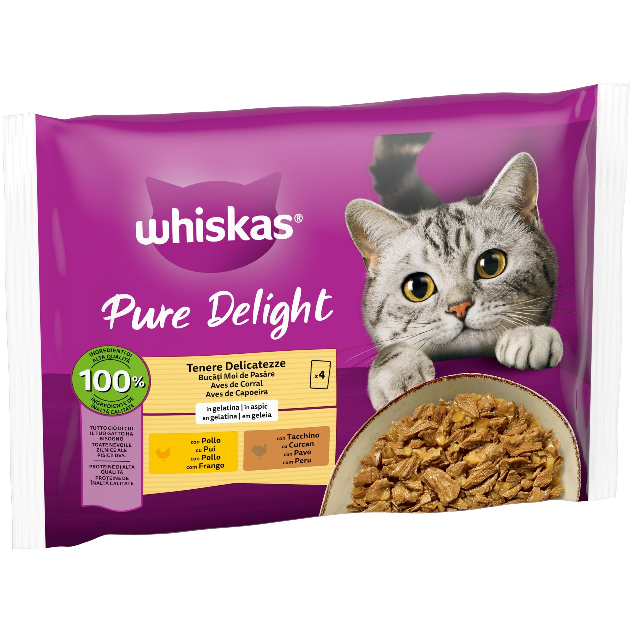 WHISKAS Comida húmeda en gelatina Gatos Adultos Tiernos bocados Ave - 13 x 4 bolsitas x 85g