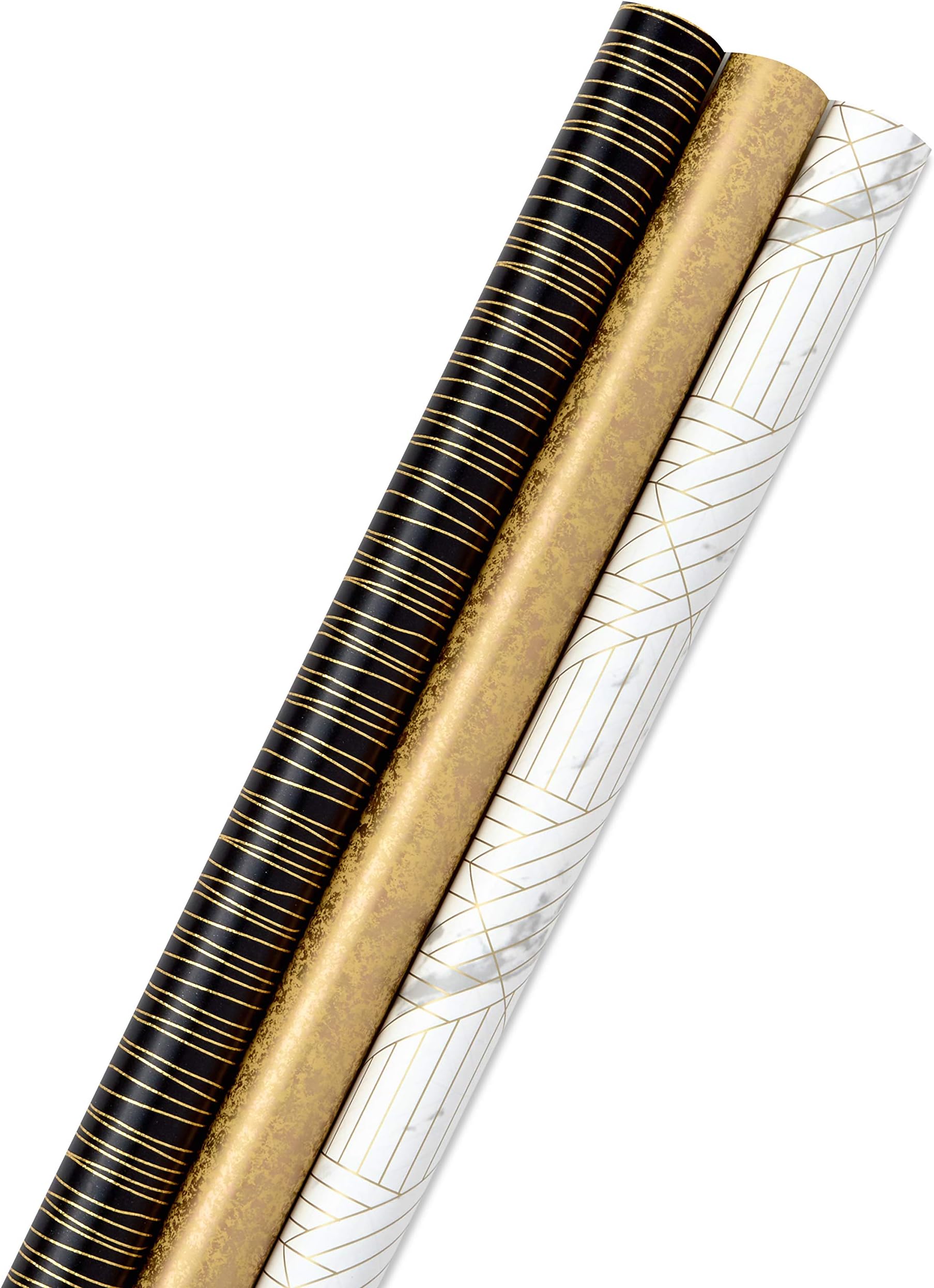 Hallmark Premium Wrapping Paper Roll Bundle with Cut Lines on Reverse (3 Rolls: 85 sq. ft. ttl. Marble, Black, Antiqued Gold) for Valentines Day, Graduations, Birthdays, Weddings, and Bridal Showers