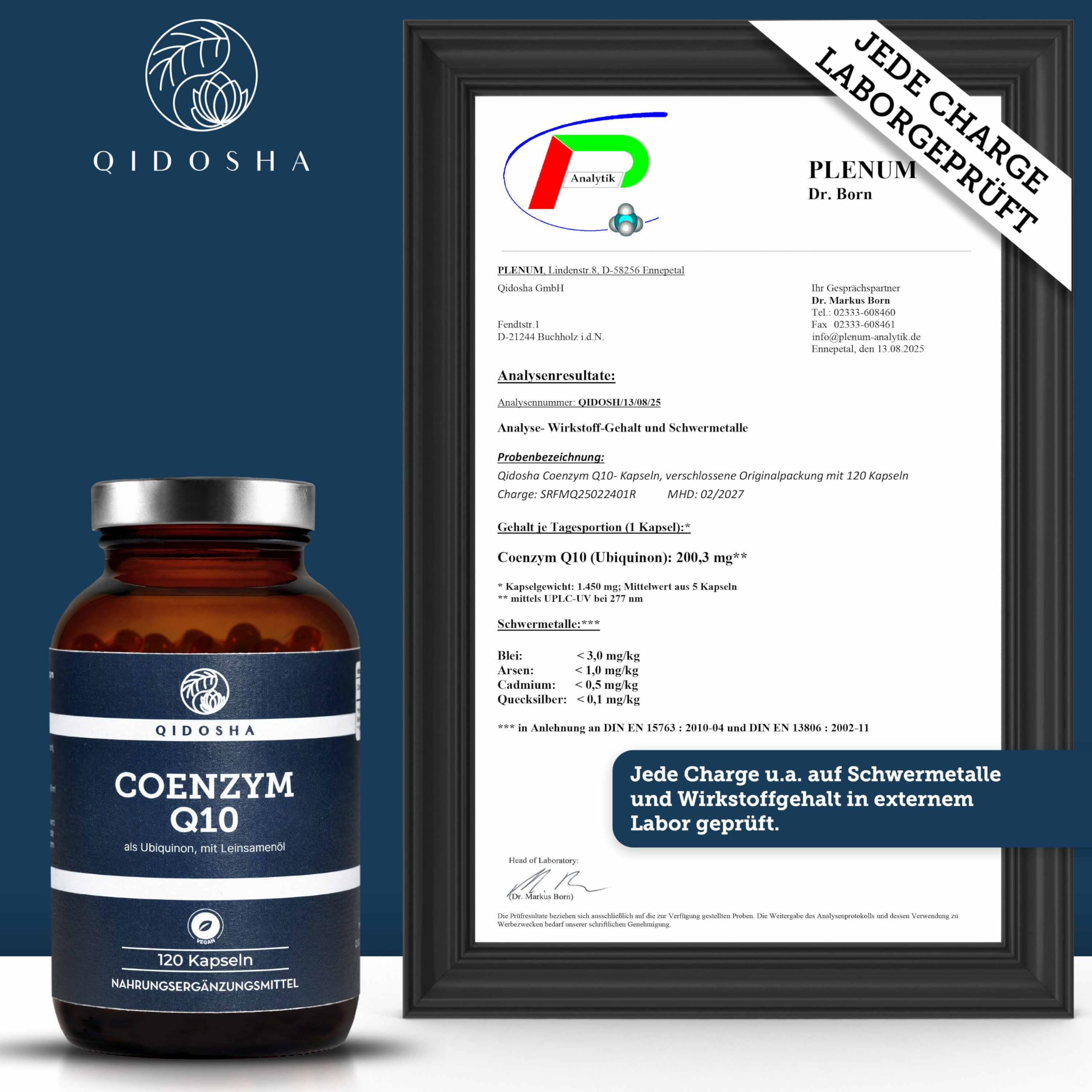 QIDOSHA® Coenzym Q10 Kapseln hochdosiert, 200mg Coenzym Q10 flüssig je Kapsel, 120 vegane Softgel-Kapseln im Glas, Ubiquinon eingebettet in Leinsamenöl für optimale Bioverfügbarkeit, Q10 als Ubichinon