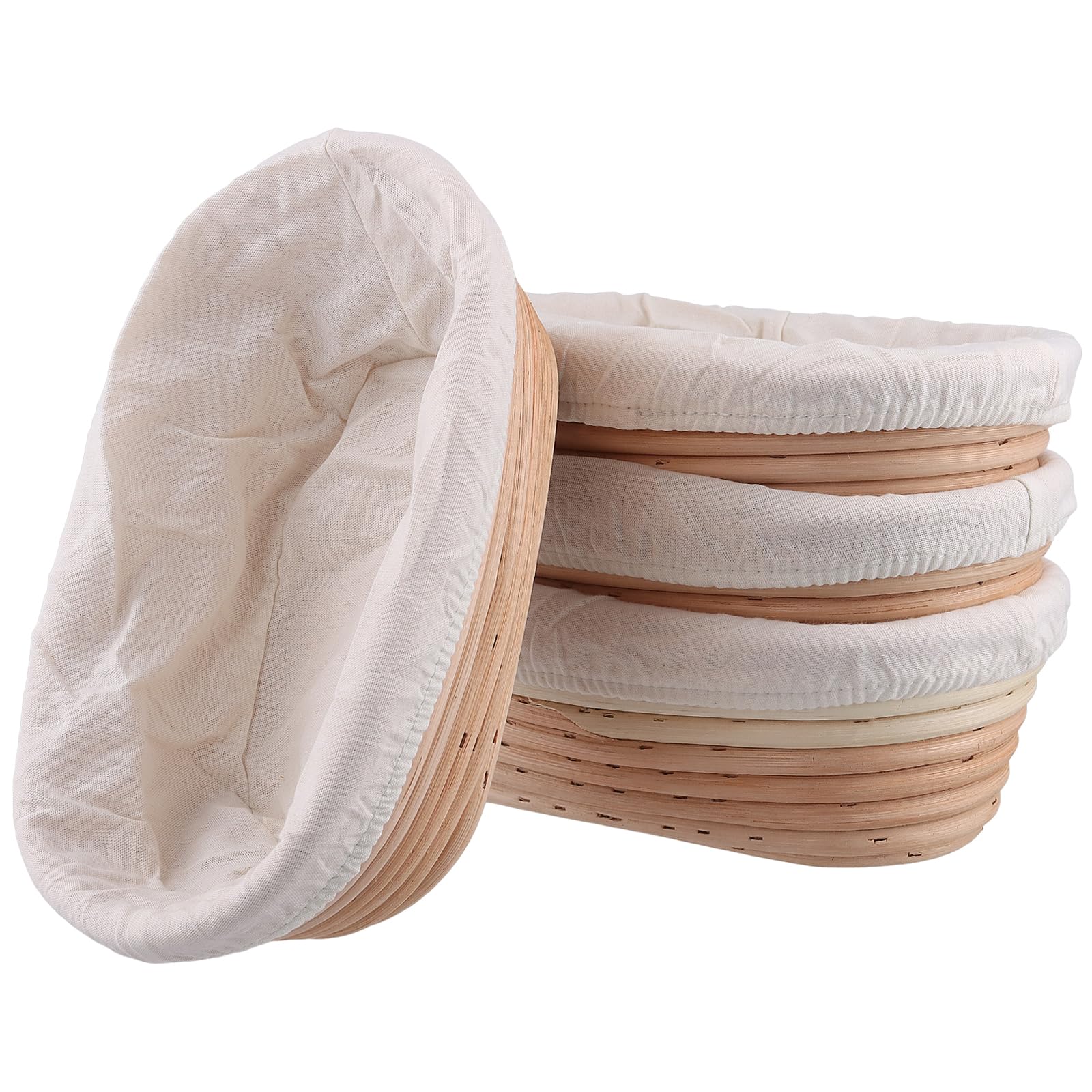 SINJEUN 4 PCS Oval Bread Proofing Basket with Liner, 25 x 15 x 8cm Sourdough Proving Basket, Rattan Bread Banneton Baskets for Dough Rising