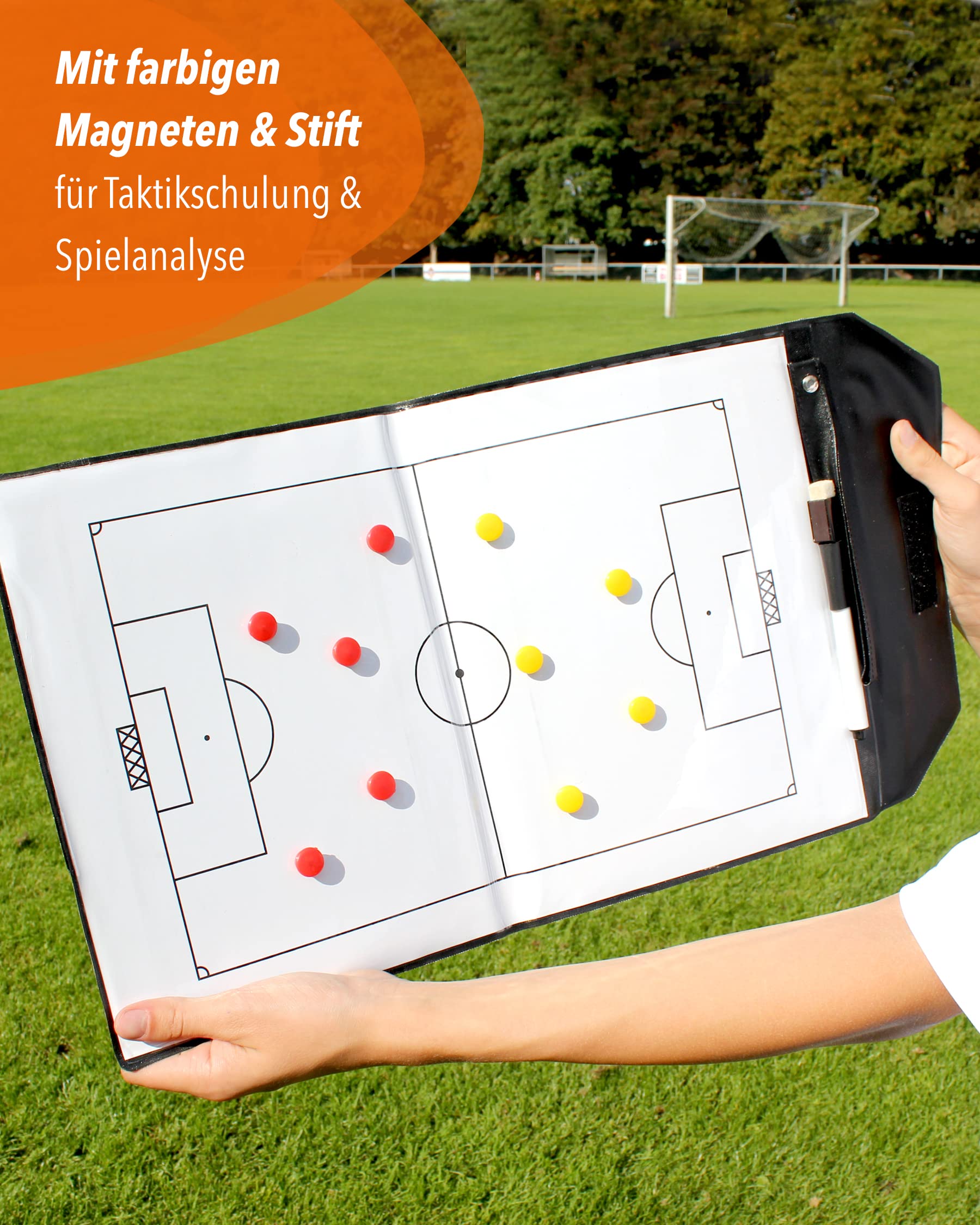 Magnetische Taktikmappe faltbar – 46 x 25 cm aufgeklappt – Trainer-Board mit Magneten & Stift – für Fußballtraining & Taktikschulung