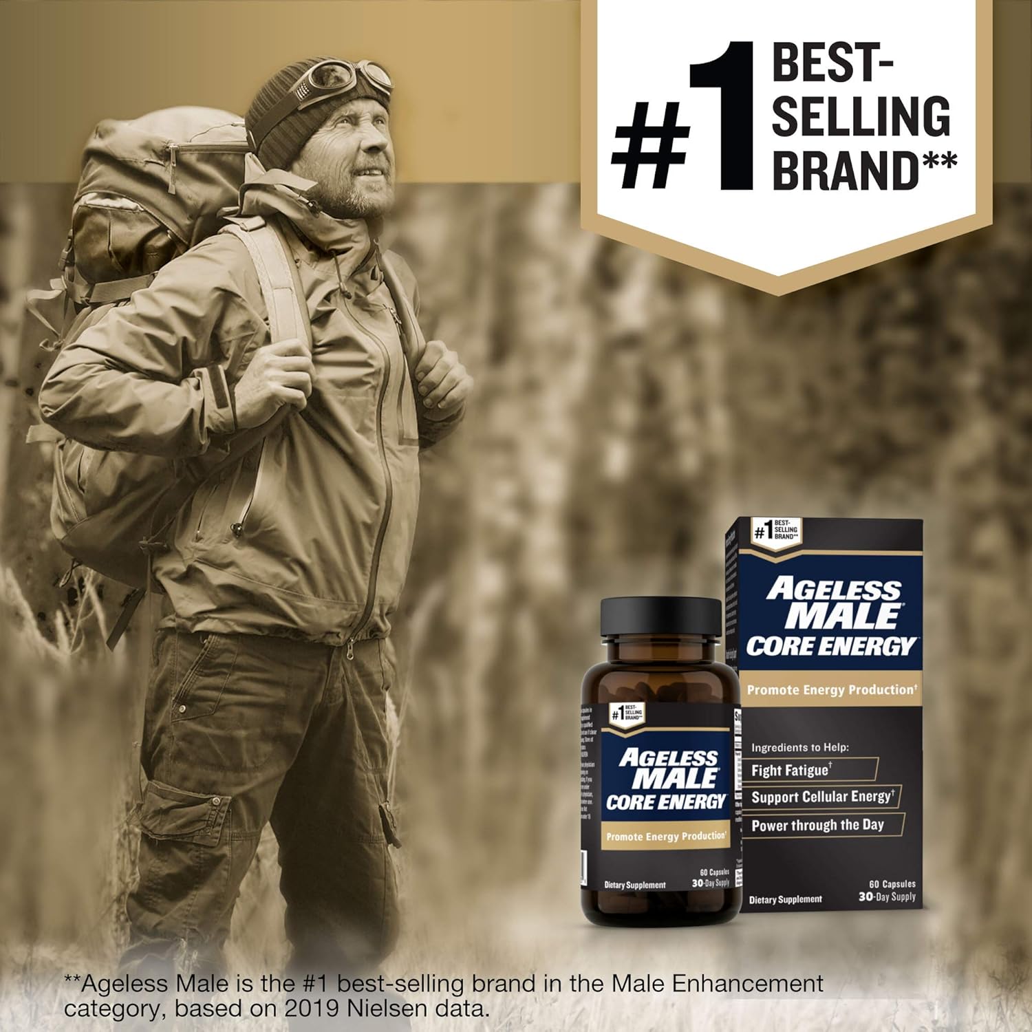 Ageless Male Core Energy for Men - Fast-Absorbing NMN for Conversion to NAD+ - Fight Fatigue & Promote Sustainable Energy on The Cellular Level, No Caffeine (60 Capsules, 1 Box) : Health & Household