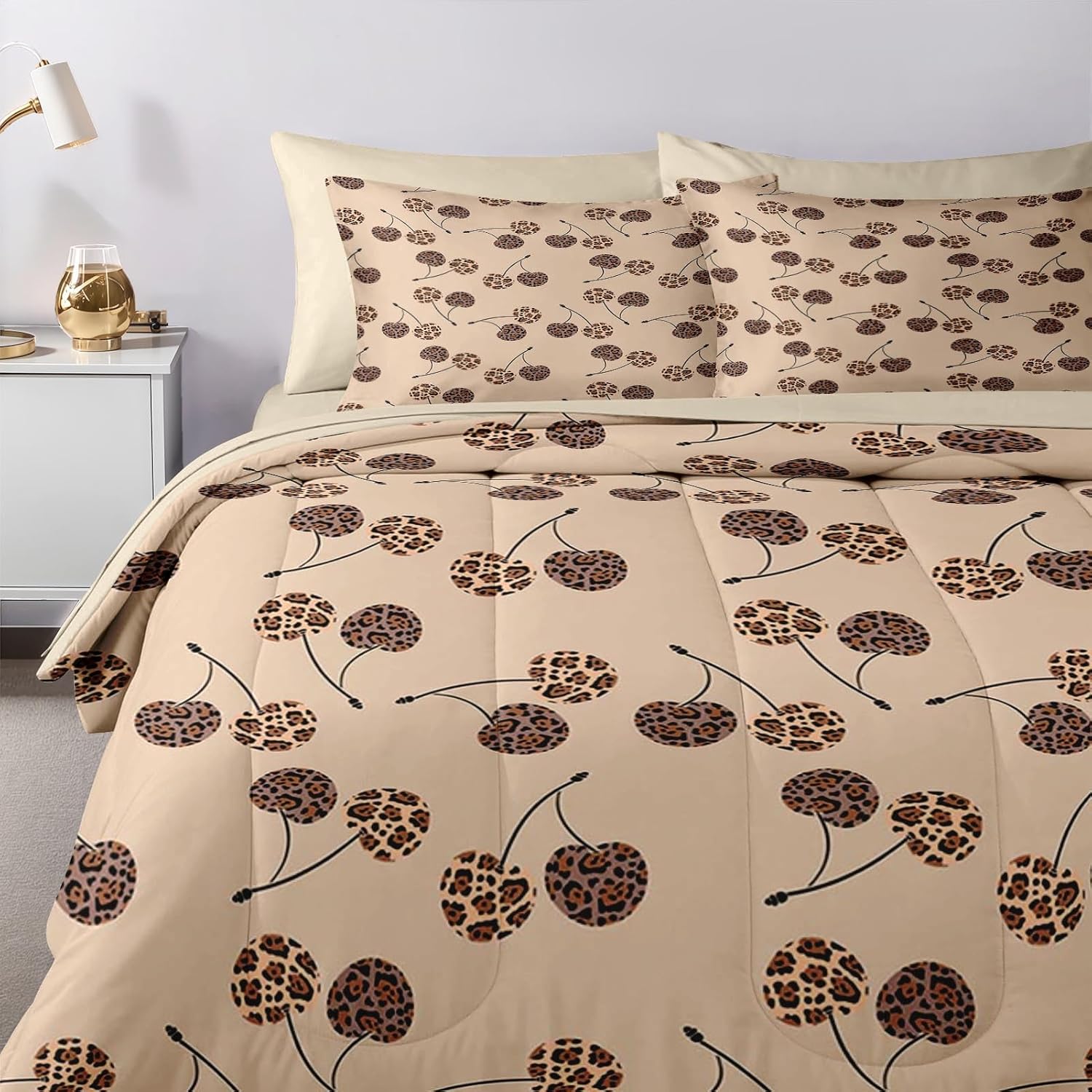Nesker 7 Pcs Comforter Set Full Size, Cherry Leopard Beige Bedding Set for Kids and Adults, Modern Cute Brown Bed Sheet Sets with Fitted Sheet 2 Pillowcases & 2 Shams