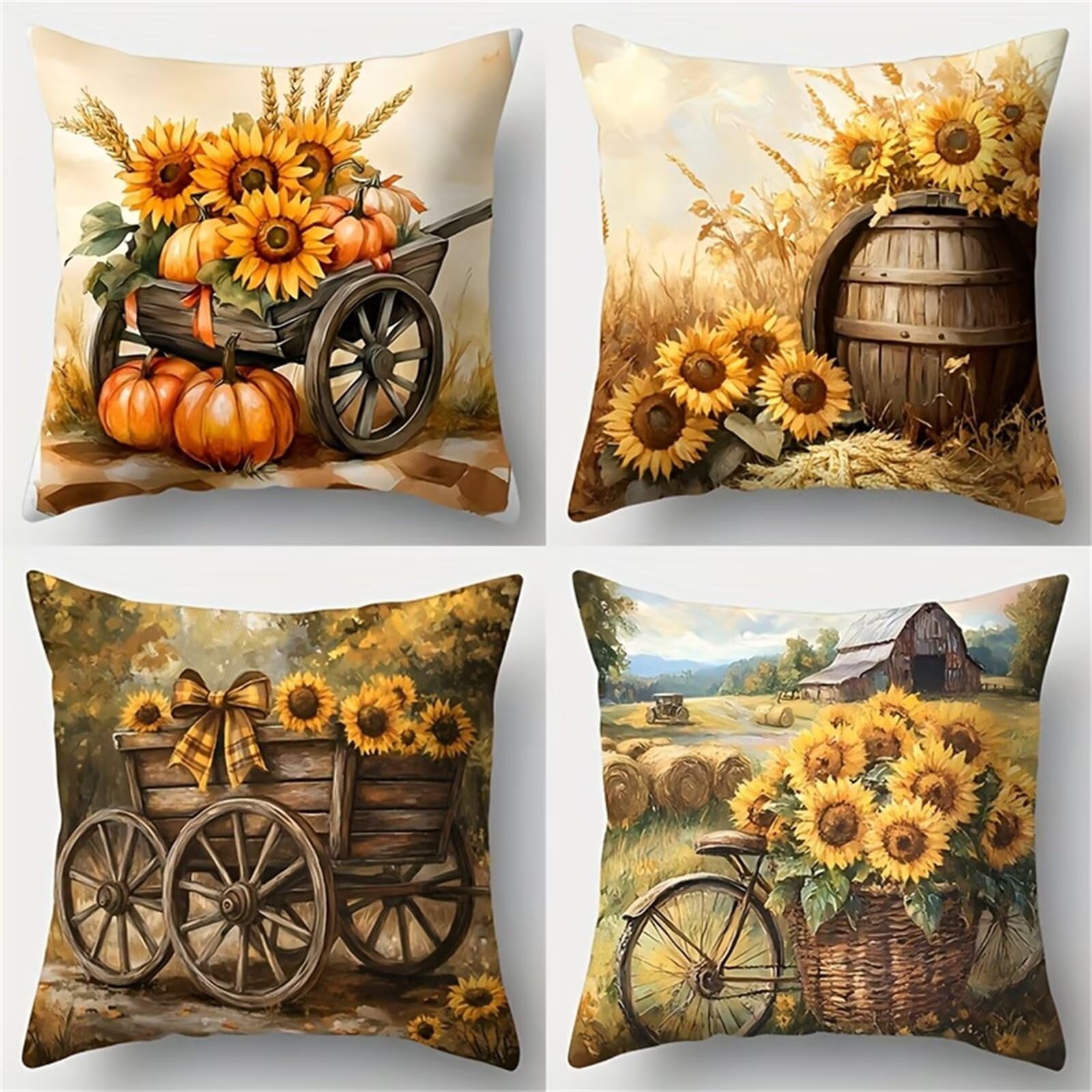 QiHon Set of 4 Decorative Linen Cushion Covers 45x45 cm, Modern Autumn Sunflower Square Throw Pillow Cases with Invisible Zipper, Breathable Pillowcases for Sofa Couch Living Room Bedroom Garden