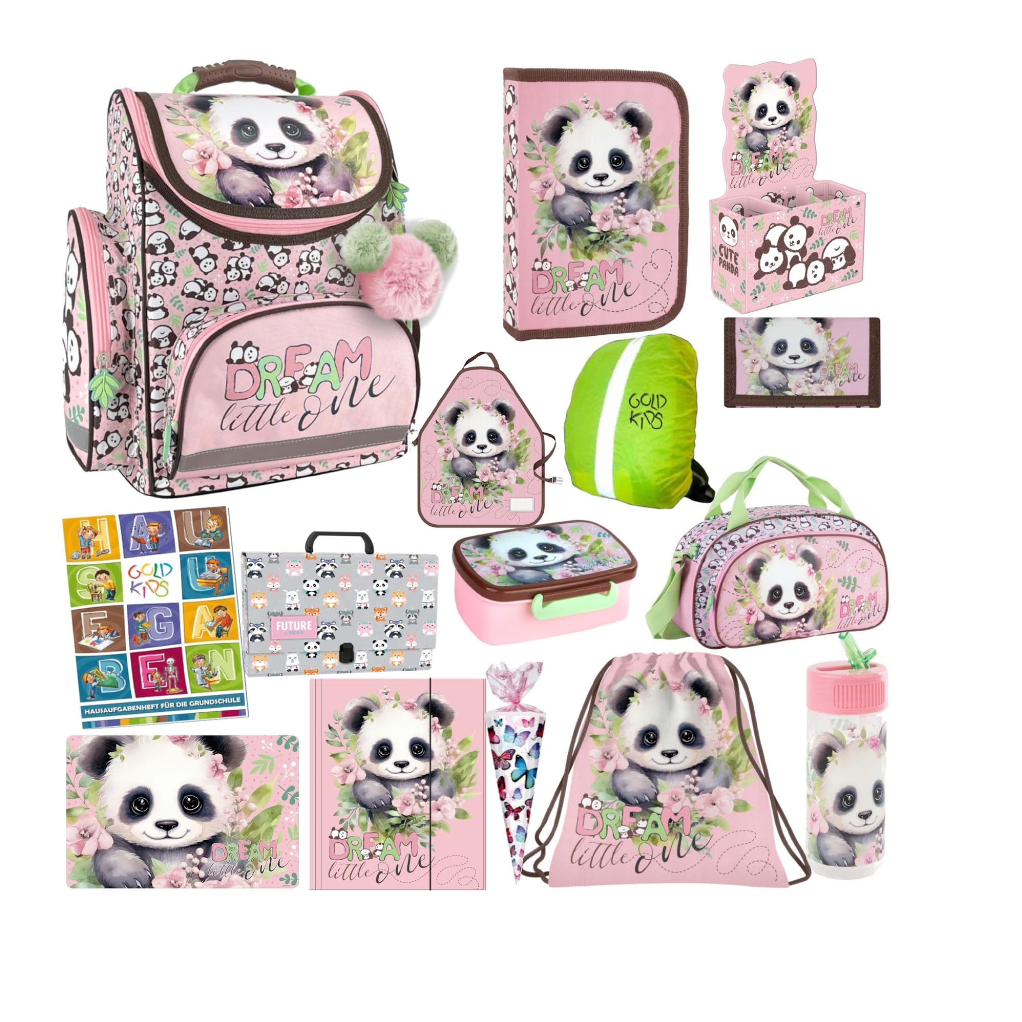 Goldkids - Schulranzen für Jungen und Mädchen, 15er-Set - Schul-Rucksack für Kinder mit Federmäppchen - Schuhbeutel Trinkflasche und Brotdose - Panda Motiv - 1-3 Klasse