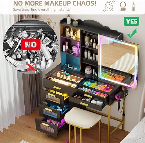 Miniatura 7 de Gurexl Escritorio RGB con espejo deslizante y luces LED, 7 dinámicos y 24 estáticos regulables con parte superior de cristal, tocador con estación