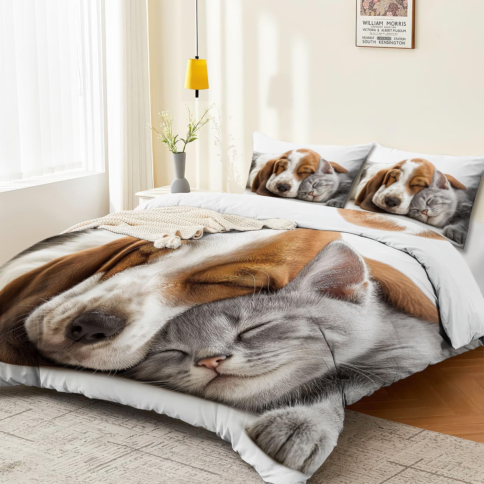 Biancheria da letto da 155 x 220 cm, in 100% microfibra, non necessita di stiratura e morbida, con stampa fotografica, con simpatici animali e cuccioli, stile minimalista, con chiusura lampo, 2 federe