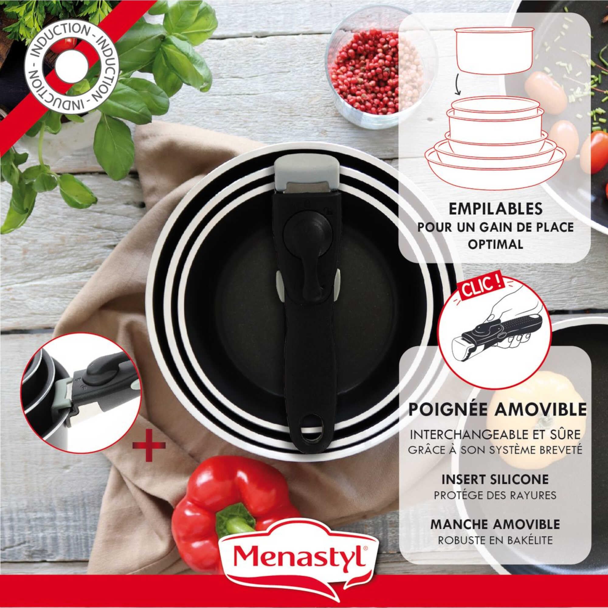 MENASTYL - Batterie de cuisine amovible 8 pièces antiadhésives tous feux dont induction et lave-vaisselle – Lot de 3 poêles 20/24/28 cm + 3 casseroles 16/18/20 cm + 2 poignées amovibles sécurisées