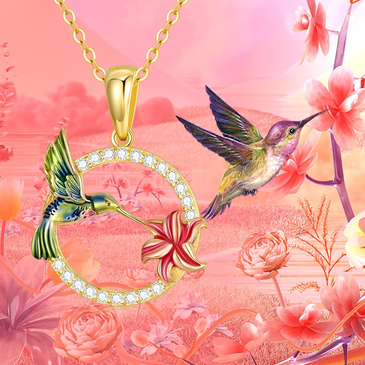 14K Yellow Gold Hummingbird Pendant Necklace for Women Small Circle Hummingbird Necklace with Flower for Birthday Christmas - Image 6