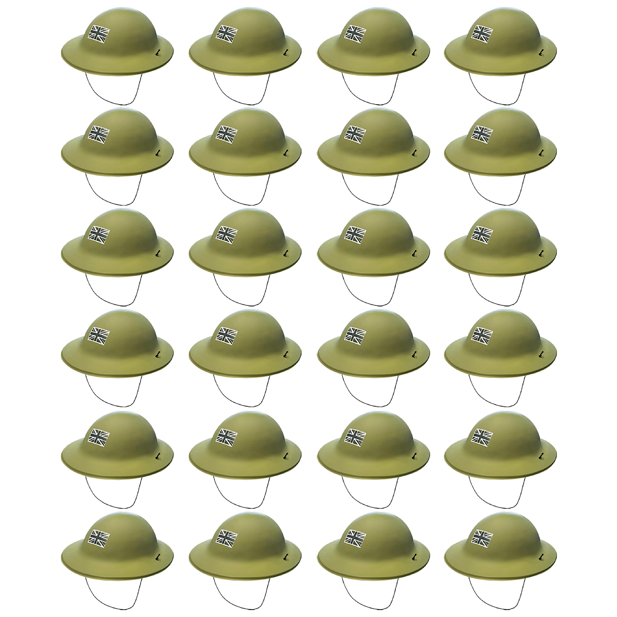 Adults Army Helmet - Pack of 24 - Green Plastic Army Helmets with Union Jack Badge - Mens Womens Military Armed Forces Day Fancy Dress Costume Accessory VE DAY COMMONWEALTH