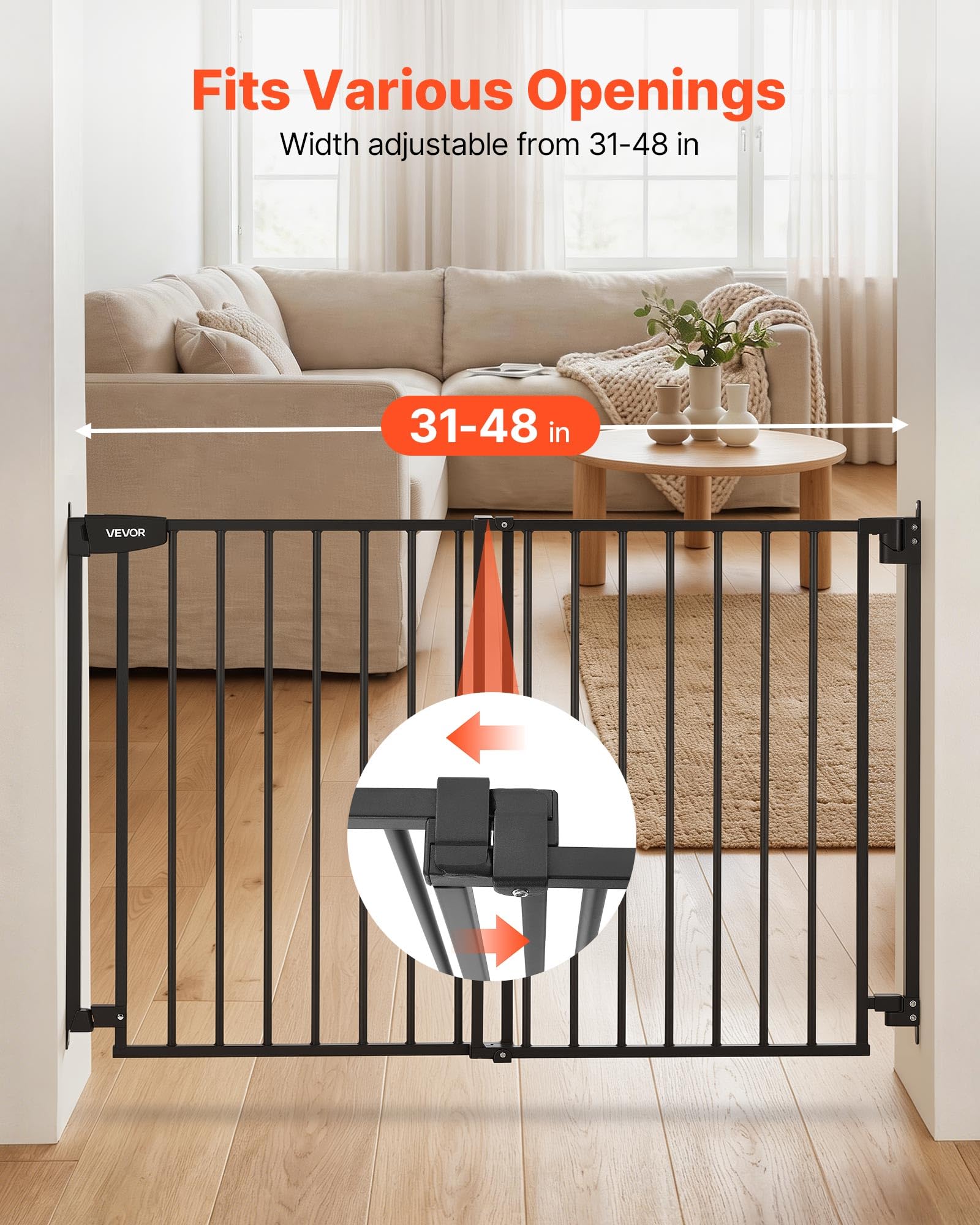 VEVOR Barrera de Seguridad para Niños, Alto de 760 mm, Ancho Ajustable de 778-1210 mm, Valla de Seguridad para Mascotas, Bloqueo Doble, Cierre Automático, para Escaleras Puertas Hogar, Color Negro