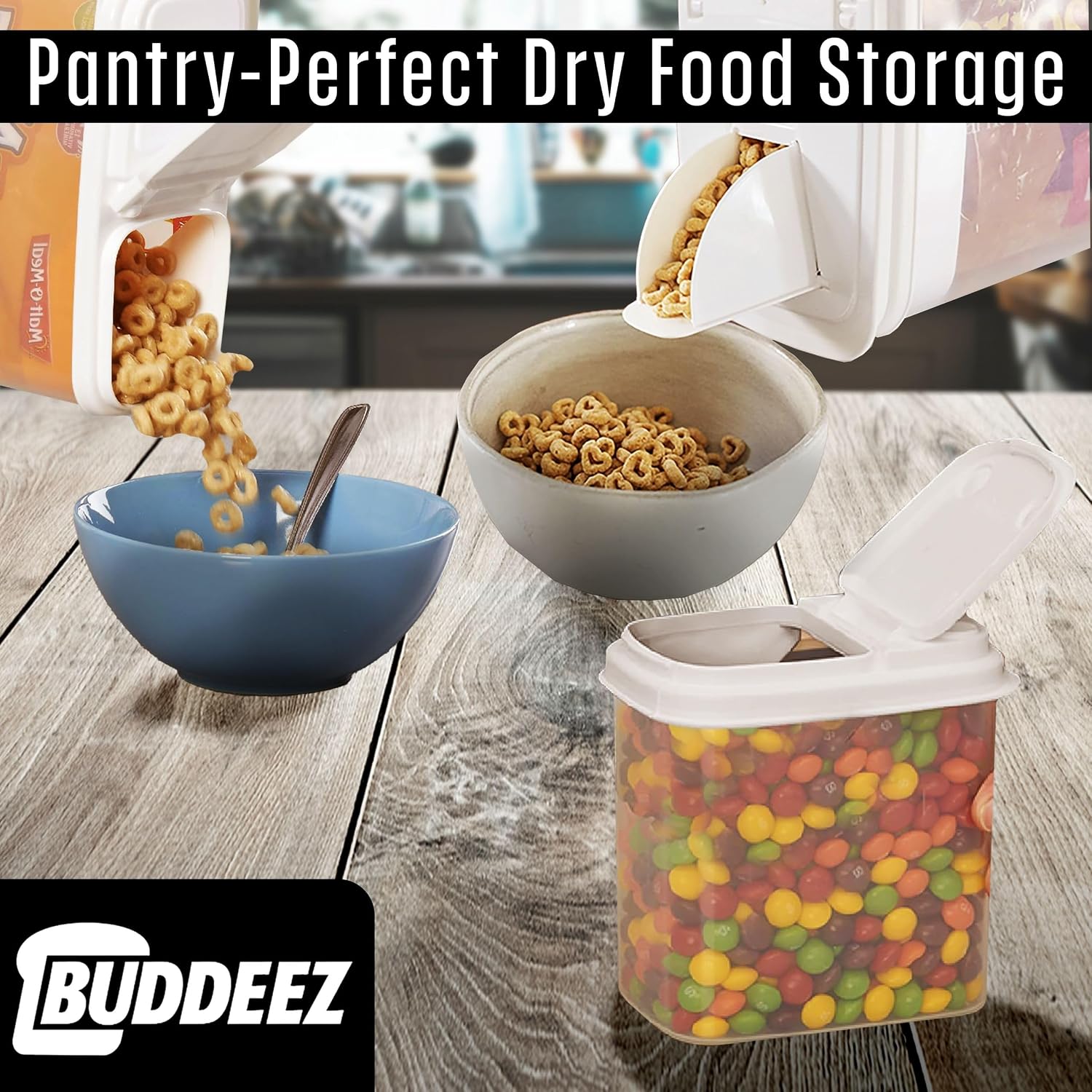 Buddeez Cereal Buddy Food Storage Dispenser - Multi-Size, BPA Free Plastic Containers with EZ Grip Handle, Scoop, and EZ Pour Spout, 8 QT, Set of 3. image 5