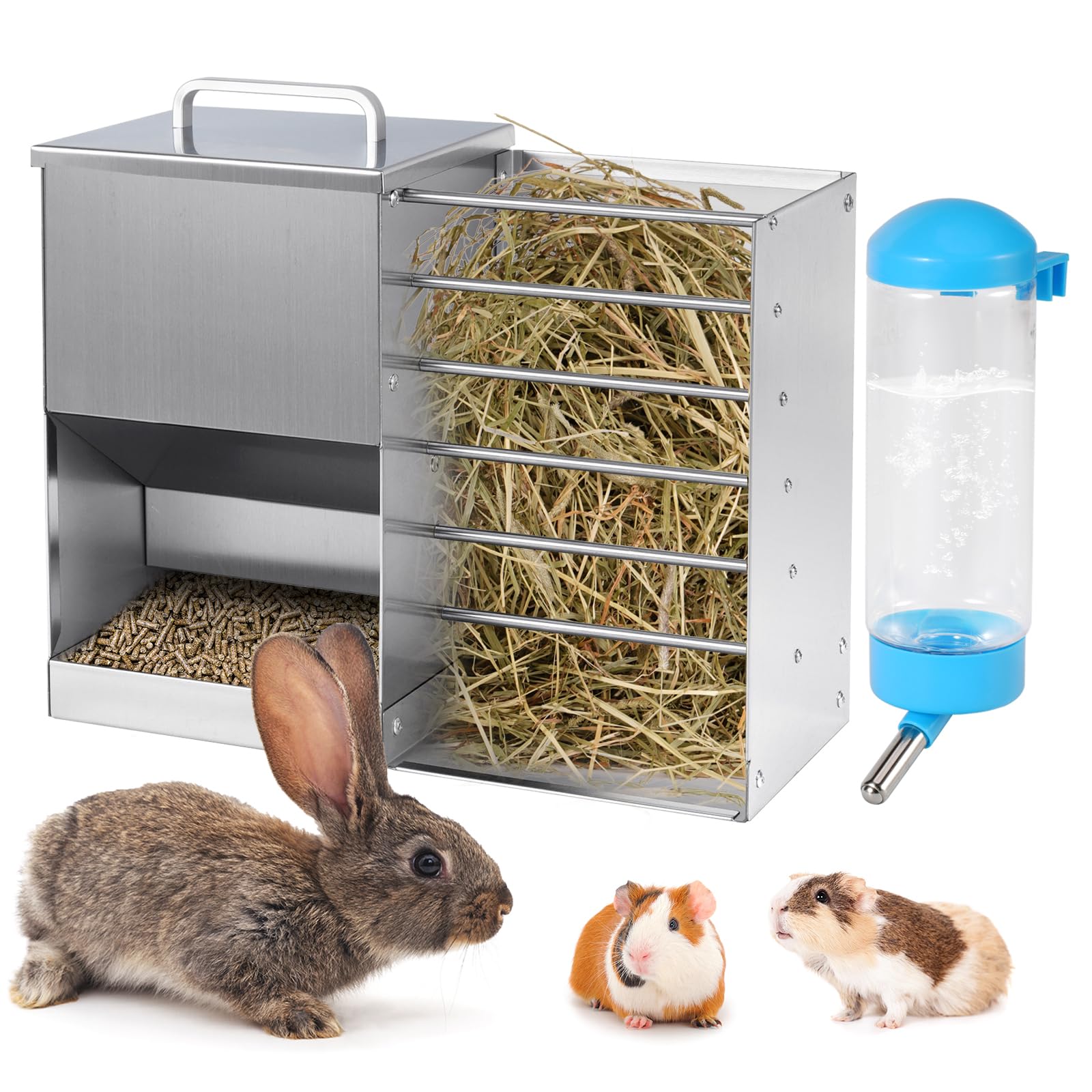 Mangeoire Automatique pour Lapin 2 en 1 avec Bouteille d'Eau 5L Distributeur Acier Inoxydable