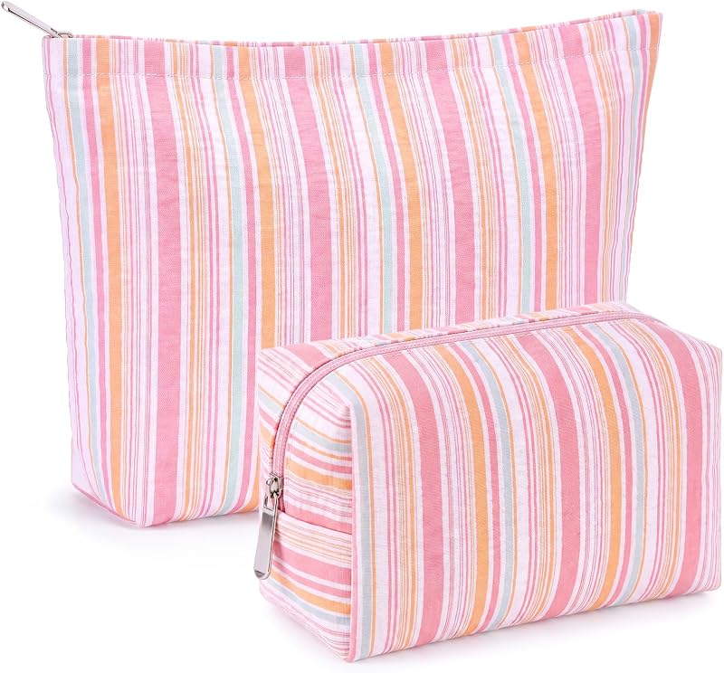 Necessaires de maquiagem Huhumy com zíper e listras coloridas, Pink-2, pacote com 2