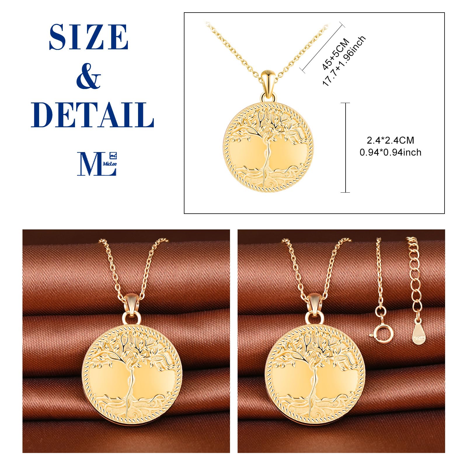 MicLee Collier Photo Médaillon en Argent 925 Femme Fille Pendentif Locket Arbre de Vie Breloque Ouvrable Ronde Collier Amulette Mémorial Bijoux Elégant