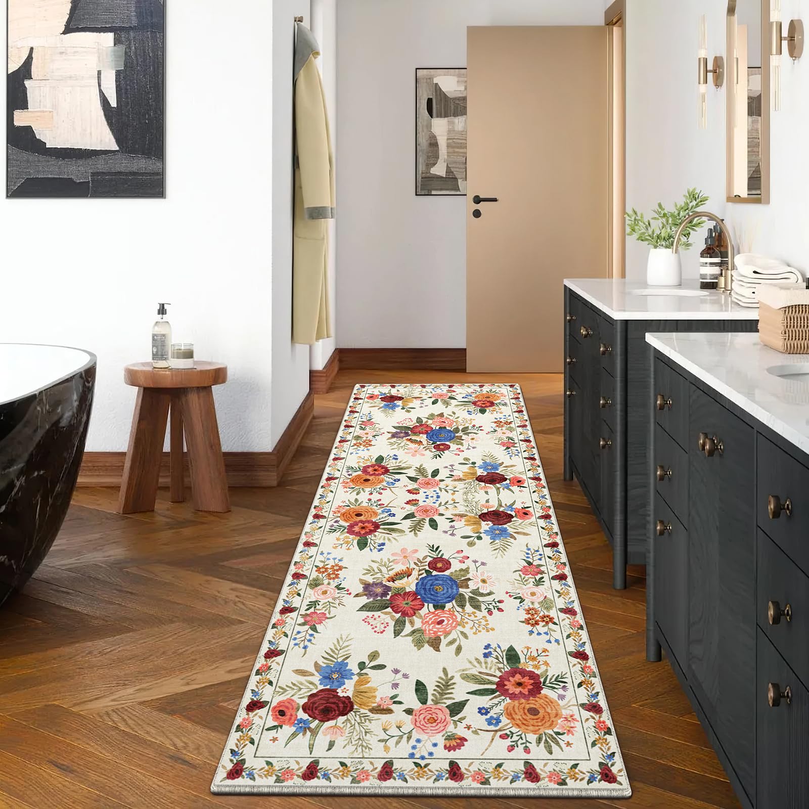 BYBSRLL Hallway Runner Rugs 60x180cm, Non-Slip & Machine Washable Low Pile Kitchen Runner, Non-Shedding Vintage Floral Carpet Runner for Living Room,Entryway, Hall,Laundry, Bedsides, Office, Beige
