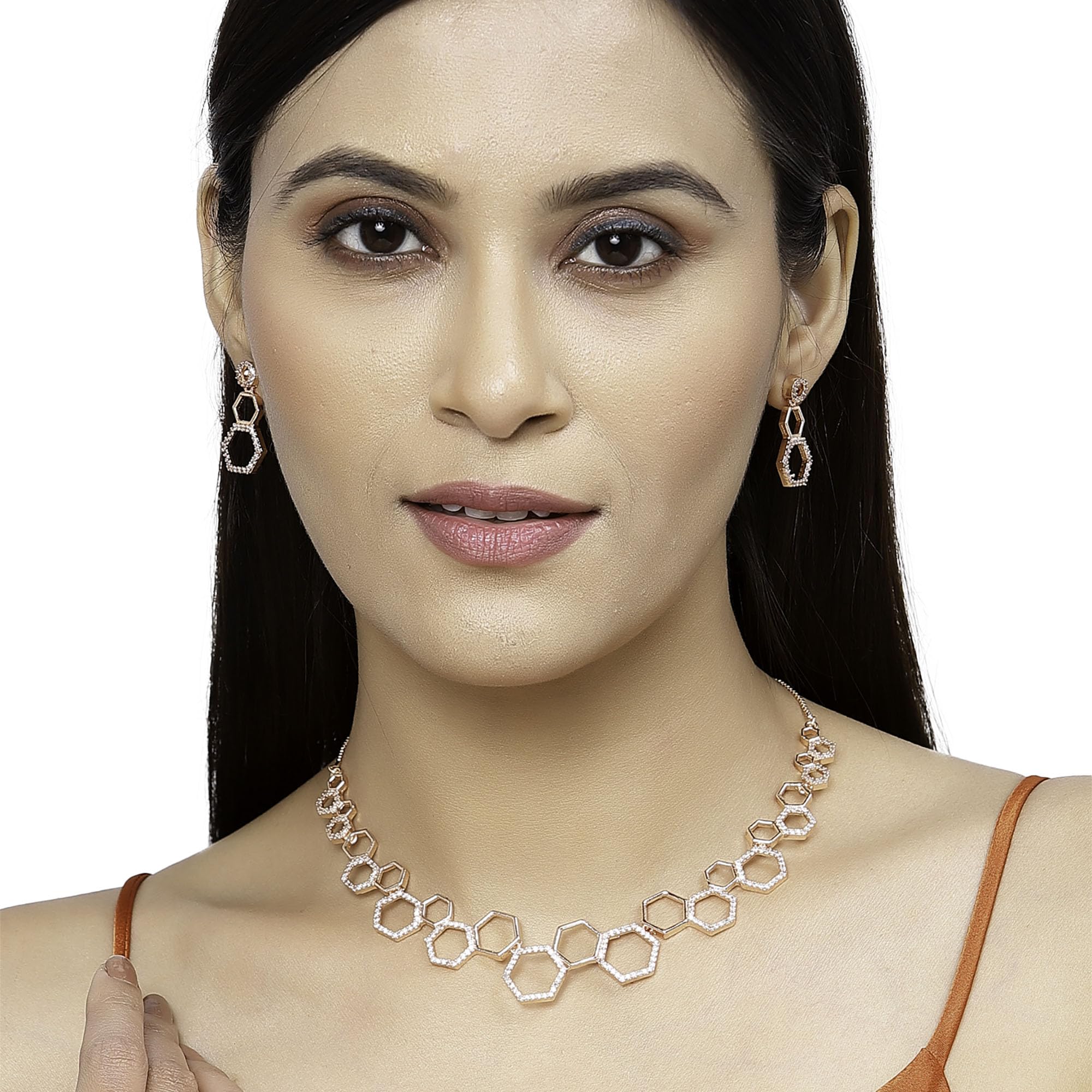 Rhodium-Plated Set: Diamond Necklace & Earrings