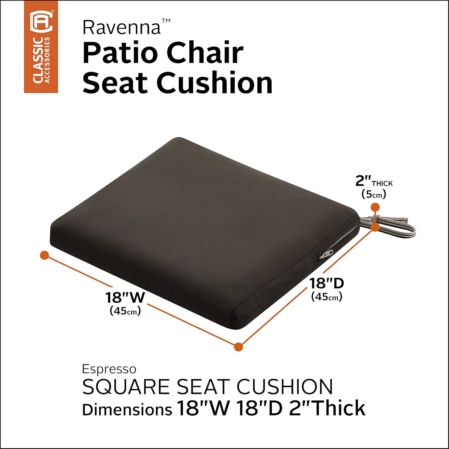 Classic Accessories Ravenna Water-Resistant Patio Chair Seat Cushion, 18 x 18 x 2 Inch, Espresso, Patio Furniture Cushions