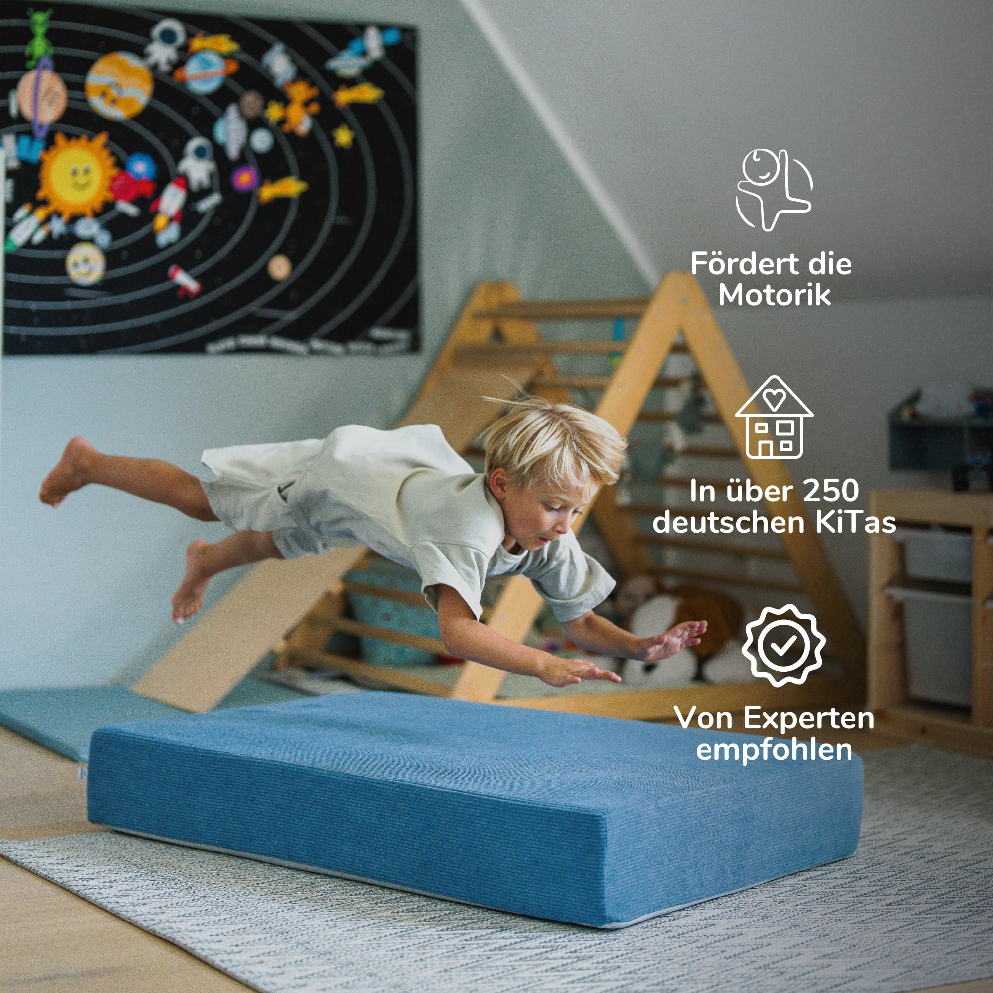 malwim Cord Hüpfmatratze für Kinder – 107x70x17cm | Indoor Sprungmatte – Made in Germany | Weich, Sicher & Langlebig | moderner Cordbezug Azurblau