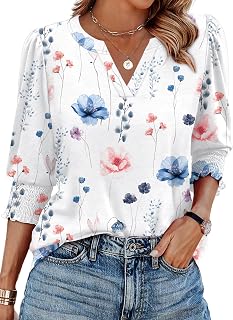 Womens 3/4 Sleeve Tops Ladies Blouses V Neck T Shirts Puff Sleeve Tunic Smocked Cuff Curved Hem Office Wear
