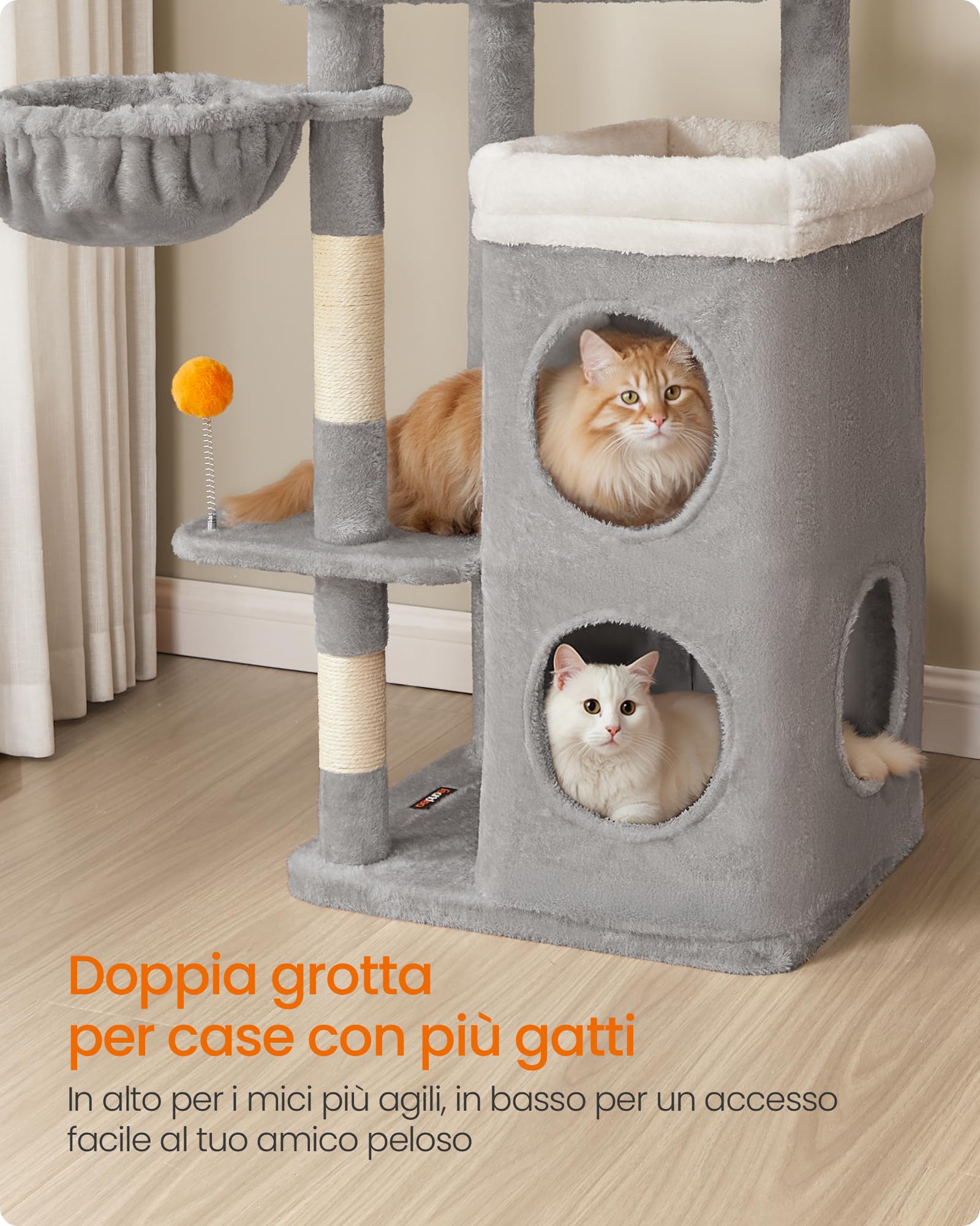 Feandrea Albero per Gatti Alto 152 cm, Tiragraffi per Gatti a Più Livelli con 2 Grotte Ampie, un’Amaca, 3 Colonne Graffiatoio, 3 Piattaforme, Grigio Tortora PCT007G01