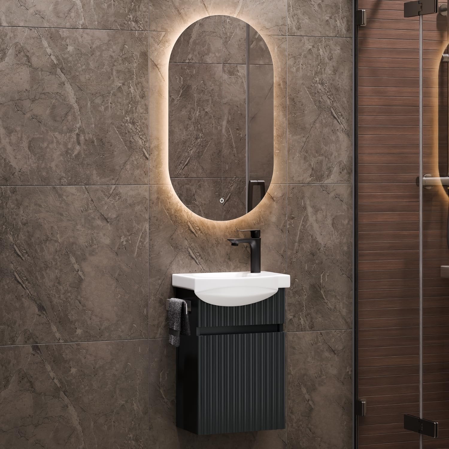 Planetmöbel Umywalka z szafką 40 cm wraz z ceramiczną umywalką i owalnym lustrem łazienkowym z oświetleniem, zestaw mebli łazienkowych do toalety dla gości, antracyt matowy
