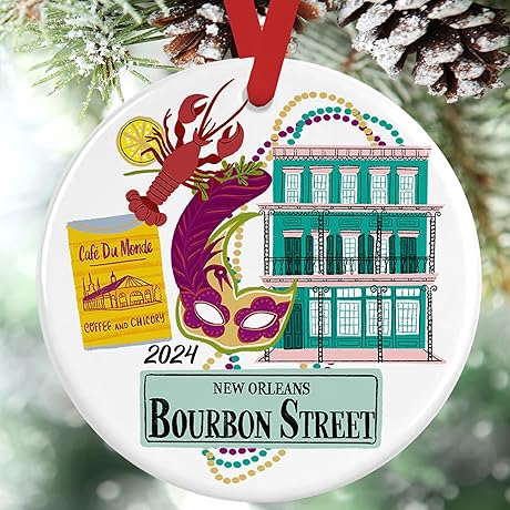 New Orleans Christmas Ornament 2024: Big Easy Landmarks with Mardi Gras Beads, Bourbon Street